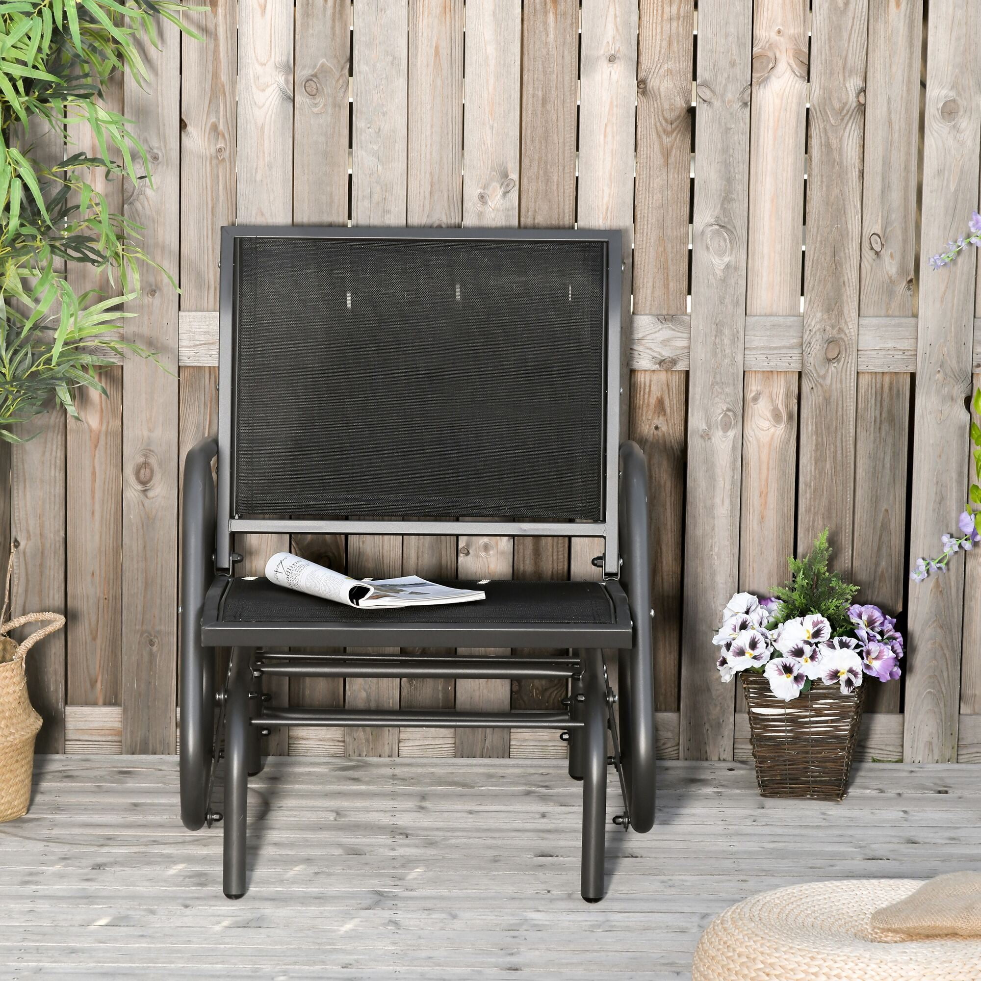 AURAVISTA Porch Glider Chair, Outdoor Metal Rocking Swing with Breathable Mesh Fabric (Black, 29.5 in W x 26 in D x 33.5 in H) hg5au