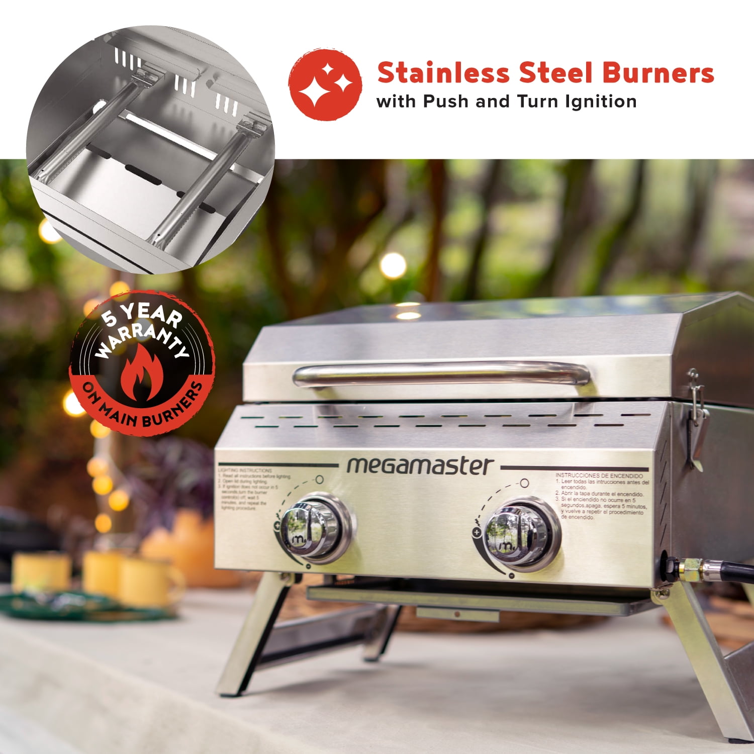 Megamaster 2-Burner Stainless Steel Portable Gas Grill, Tabletop Propane Grill for Camping and Outdoor Cooking (Silver, 199 sq in) 3shmc