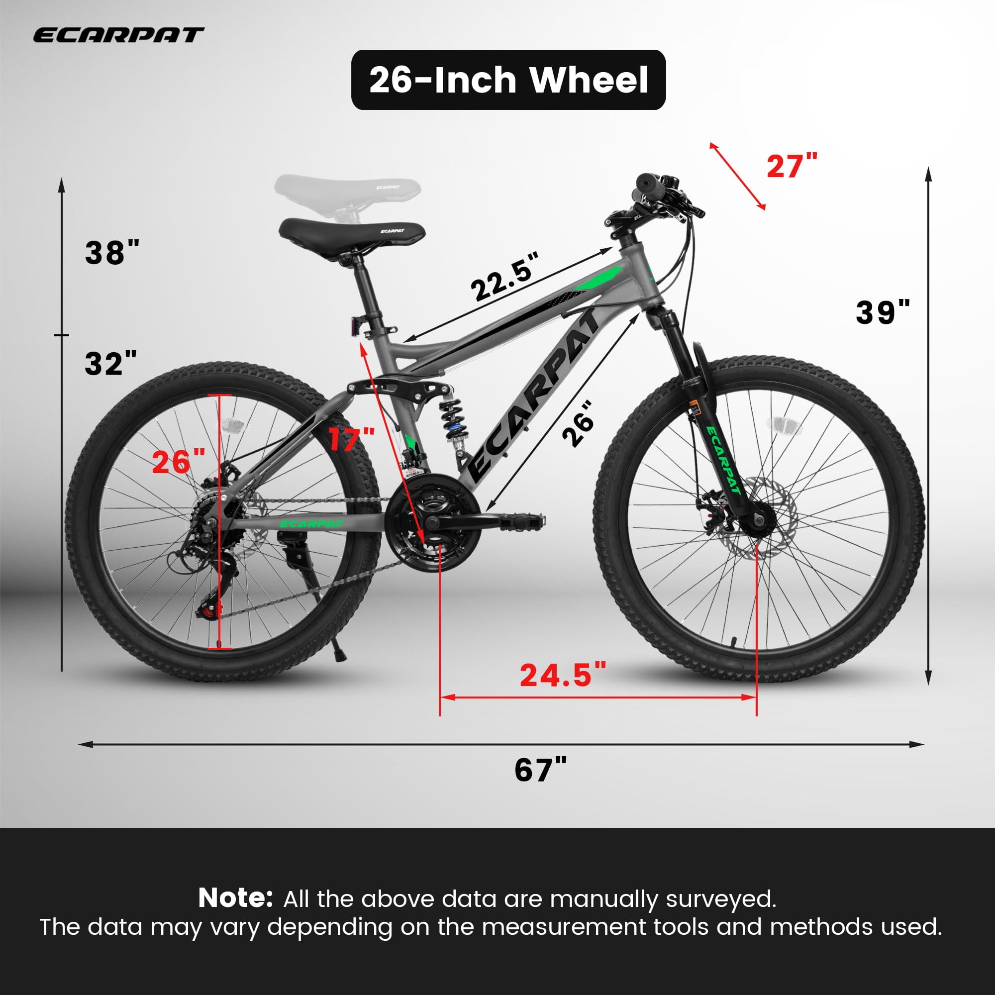 Juuar 26 in Mountain Bike, 21-Speed Full Suspension MTB with Dual Disc Brakes (Gray, 26 in) la065