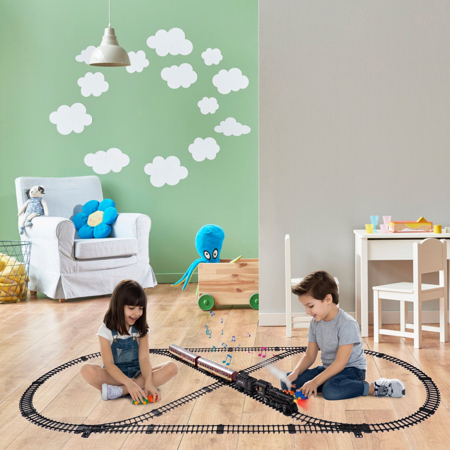 AUOSHI Electric Train Set with Remote Control, Steam Locomotive Engine with Lights, Sounds, and Smoke (71 in x 31 in) icsl7