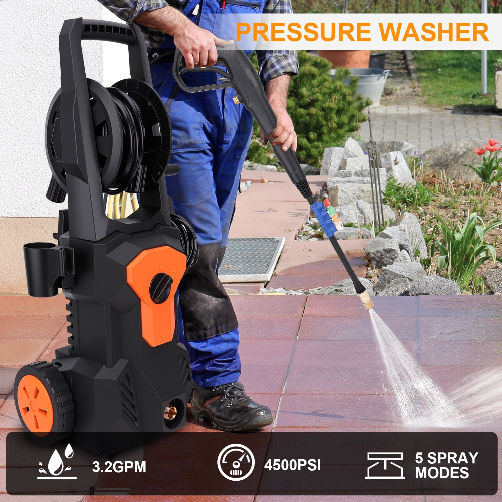 Ldyso Electric Pressure Washer, 4500 PSI 3.2 GPM Power Washer with Hose Reel and 4 Spray Nozzles (33 ft Hose) h1q5h