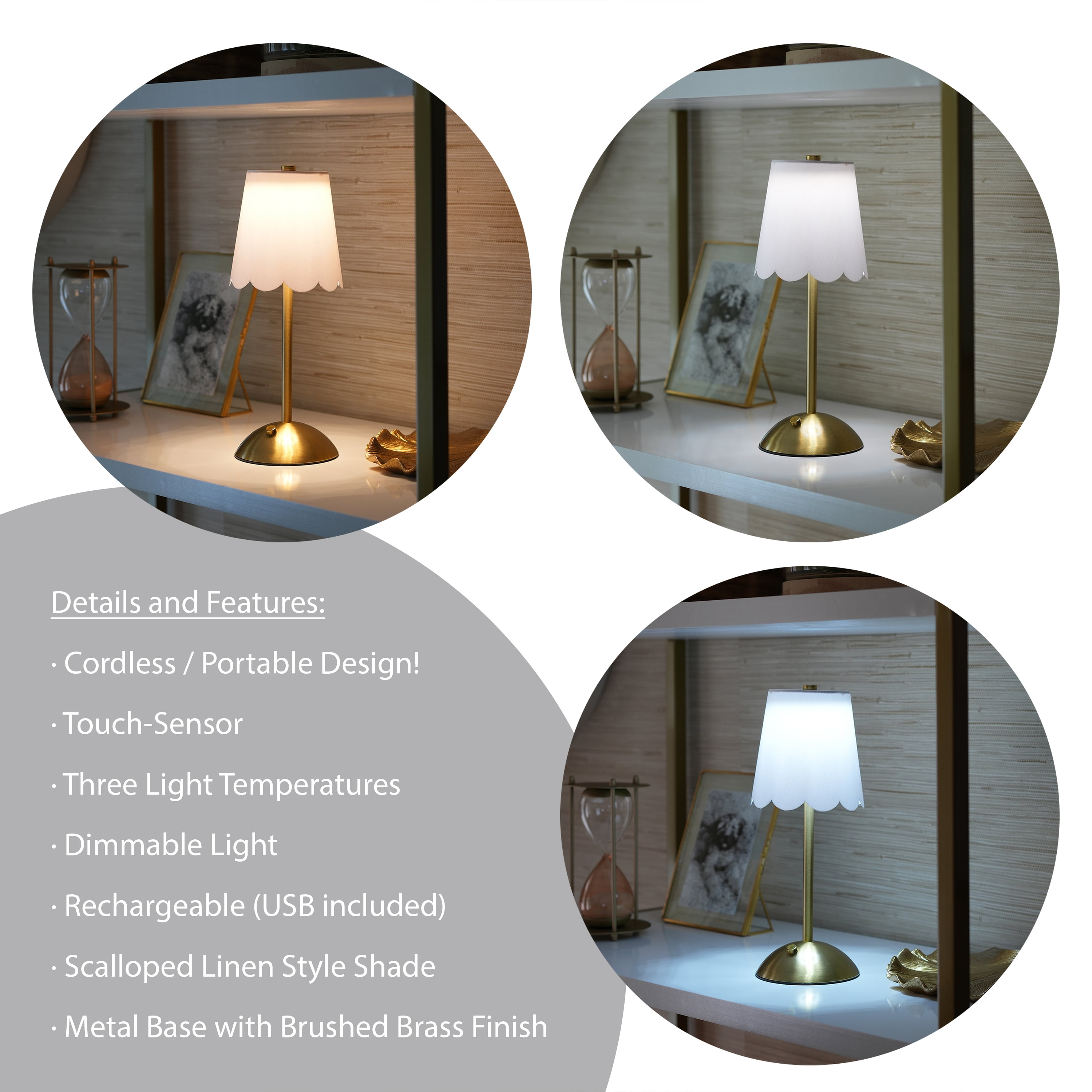 Home Decor Collection Cordless Rechargeable LED Table Lamp with Dimmable 3-Light Settings (Brass, 11.9 in) 6086e