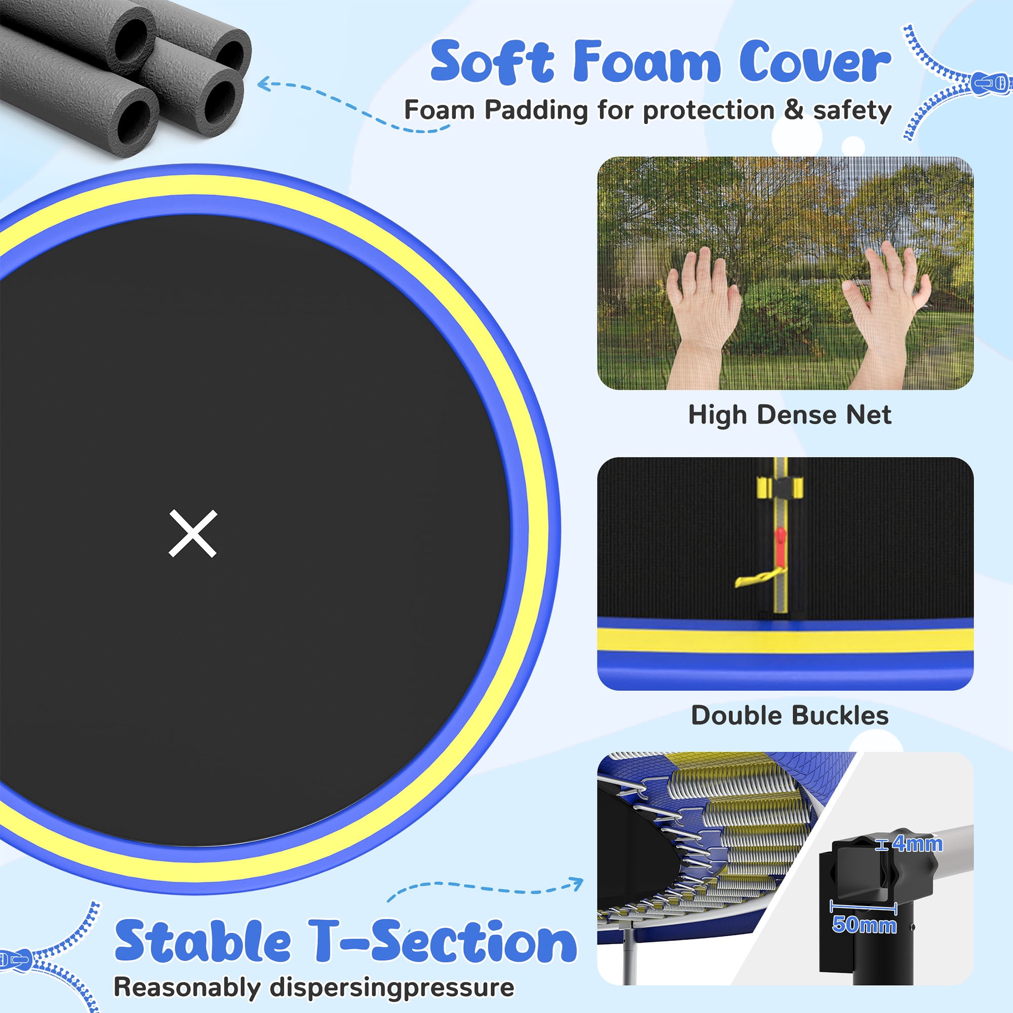 Seizeen 12 ft Round Trampoline with Enclosure Net, Basketball Hoop, Ladder, and Waterproof Cover (Blue, 12 ft) 3k4ac