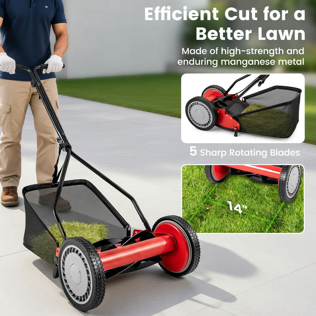 Yardi Yarda 14 Inch Push Lawn Mower with 5 Steel Blades and Grass Catcher Bag (Red, 14 in) ccr71