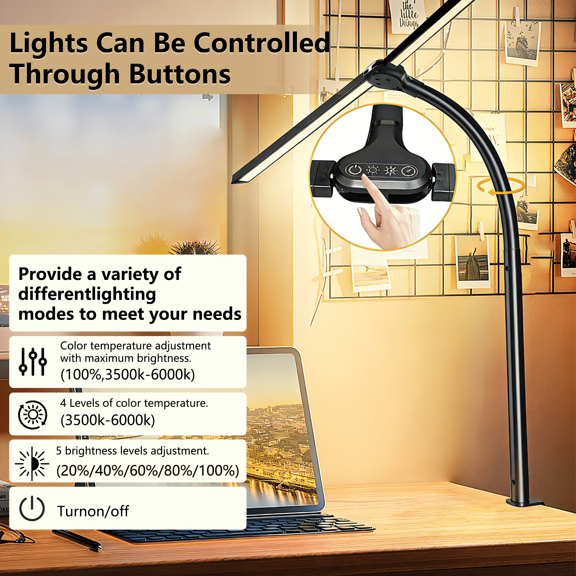 Alichome LED Desk Lamp, Clip-On Task Light with Flexible Gooseneck, 5 Brightness Levels & 4 Color Modes (Black, 2 in Clamp) y7pbw