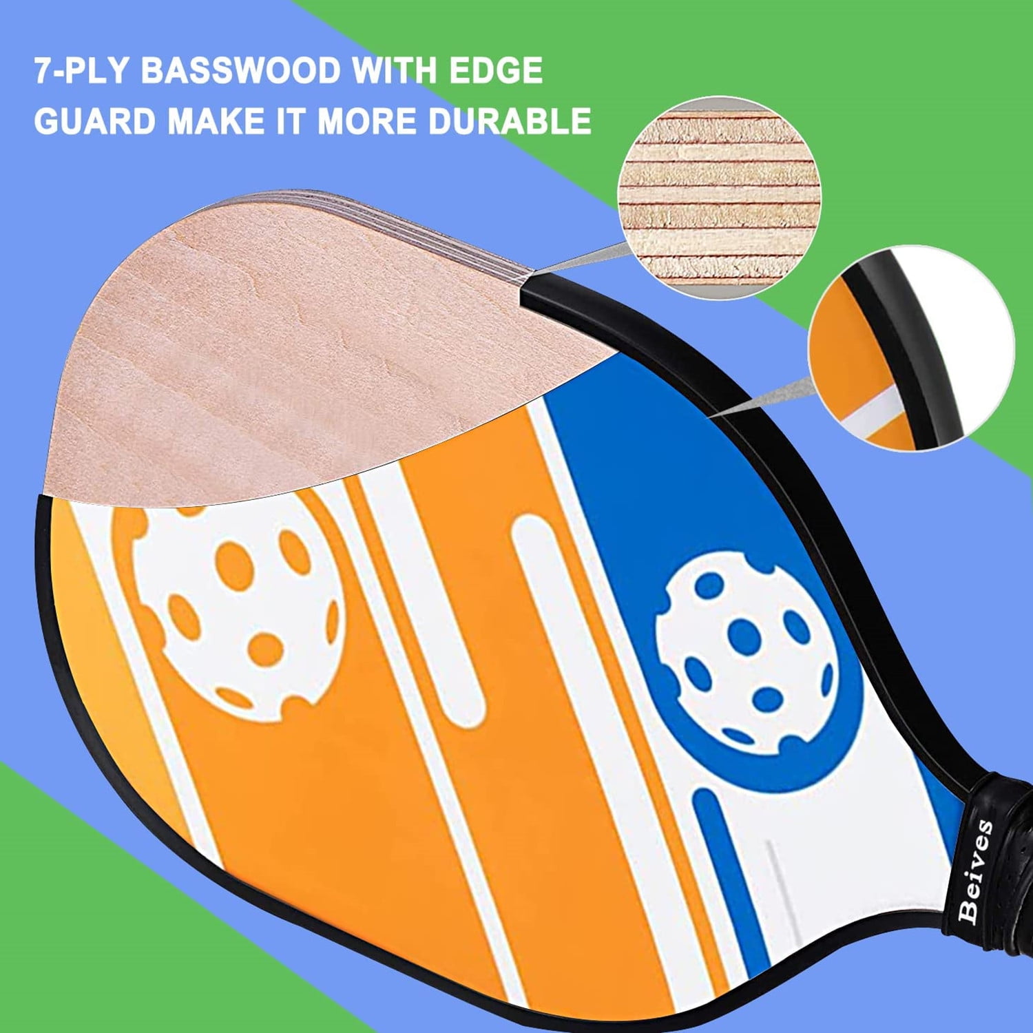 BEIVES Wood Pickleball Paddles Set of 4 (Durable 7-Ply Basswood, Comfortable Grip, Includes Indoor Outdoor Balls & Carrying Bag) ib26t