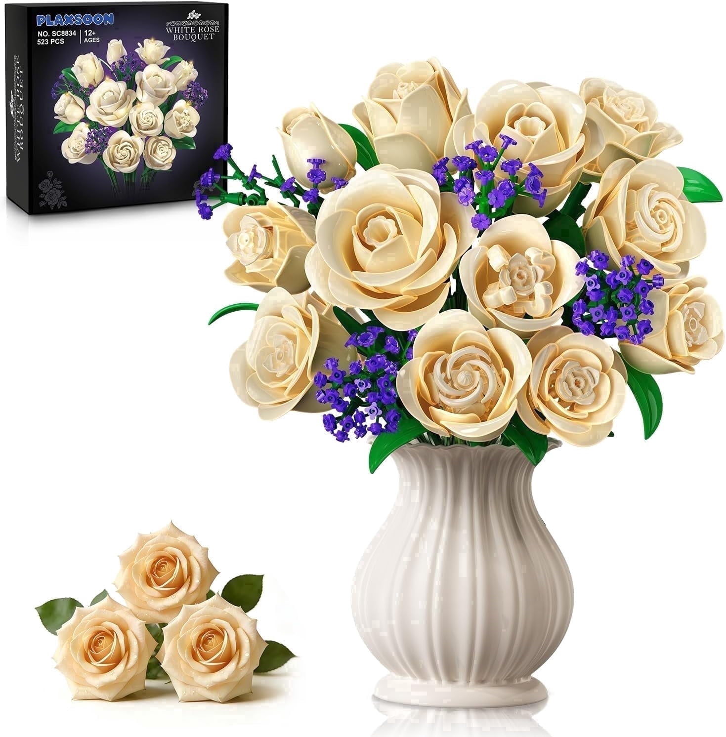 TERRAMUS White Rose Bouquet Building Set with LED Light, Floral Construction Blocks for Home Decor (White, 523 Pieces) o6jjt