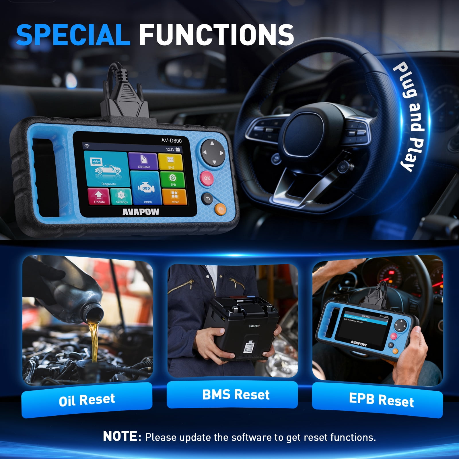 AVAPOW OBD2 Scanner Diagnostic Tool for Engine ABS SRS Transmission (Blue, 4.3 in Screen) 3isxr