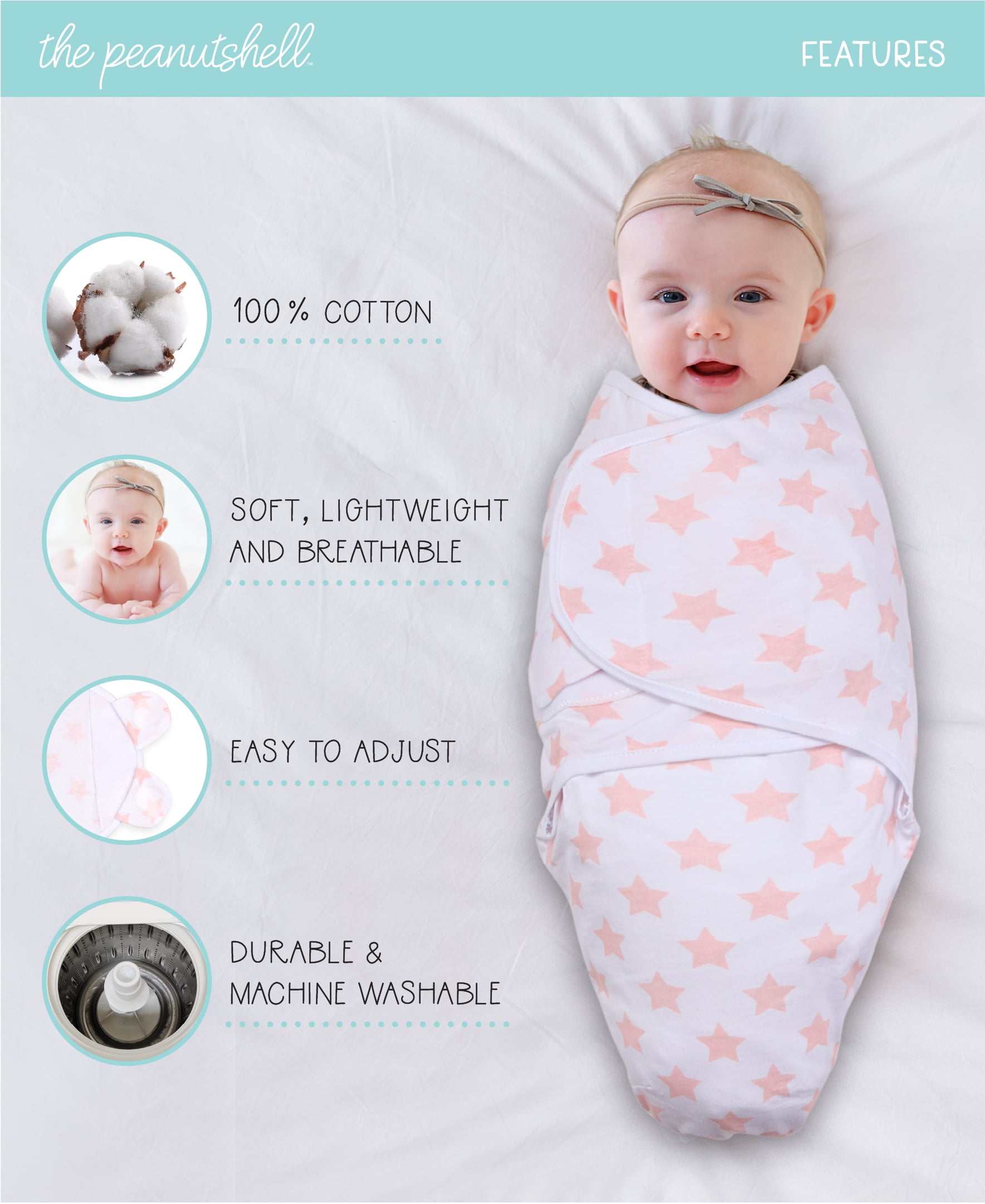 The Peanutshell Newborn Baby Swaddle Wrap Set (Pink Floral Stars, 3 Pack) 1hg3g