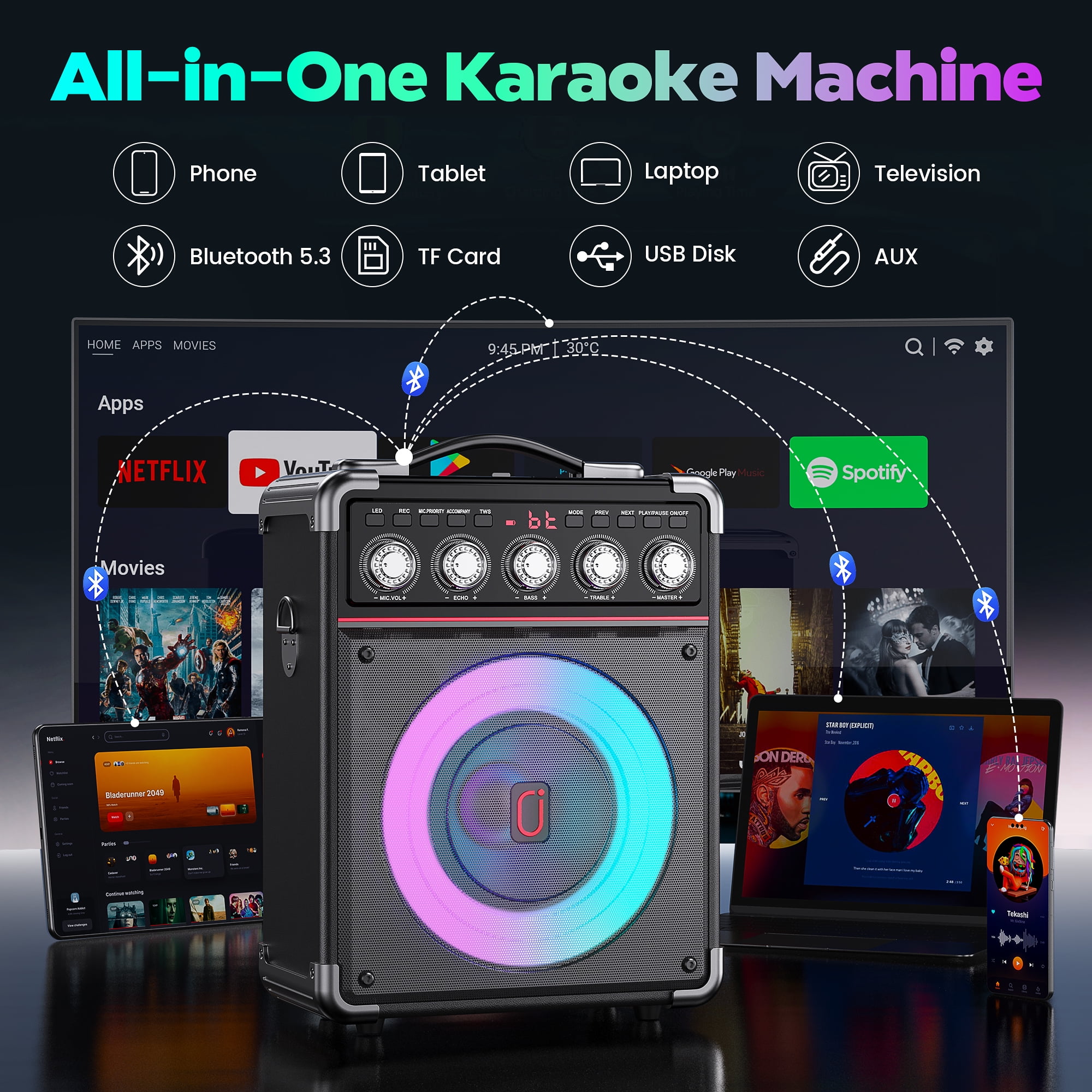 JAUYXIAN Portable Karaoke Machine with 2 Wireless Microphones, Bluetooth Speaker System for Parties (Black, 6.5 in Subwoofer) 0blqp
