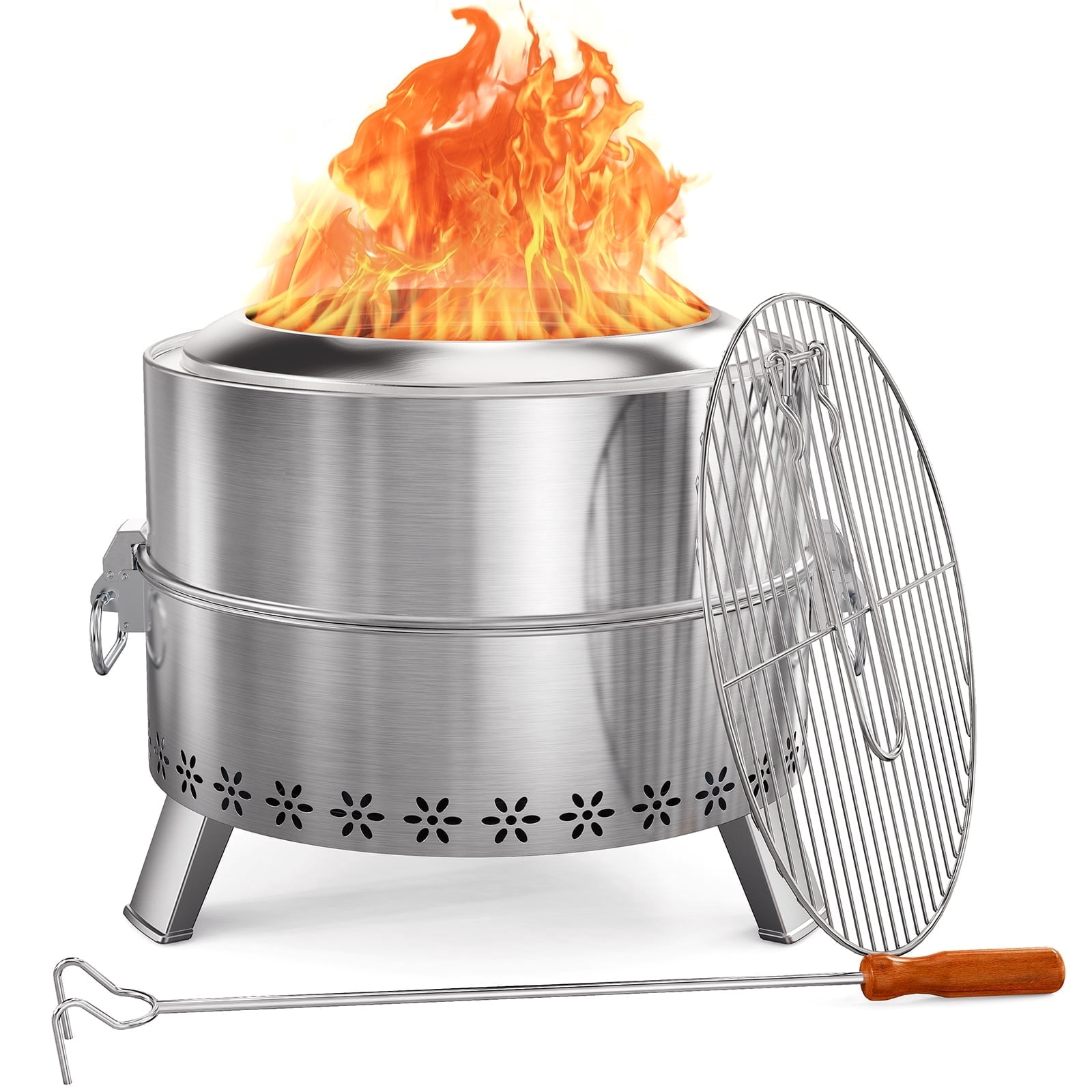 Philergo Smokeless Wood Burning Fire Pit, Stainless Steel Outdoor Patio Heater with Grill and Carry Bag (19 in) 39tyq