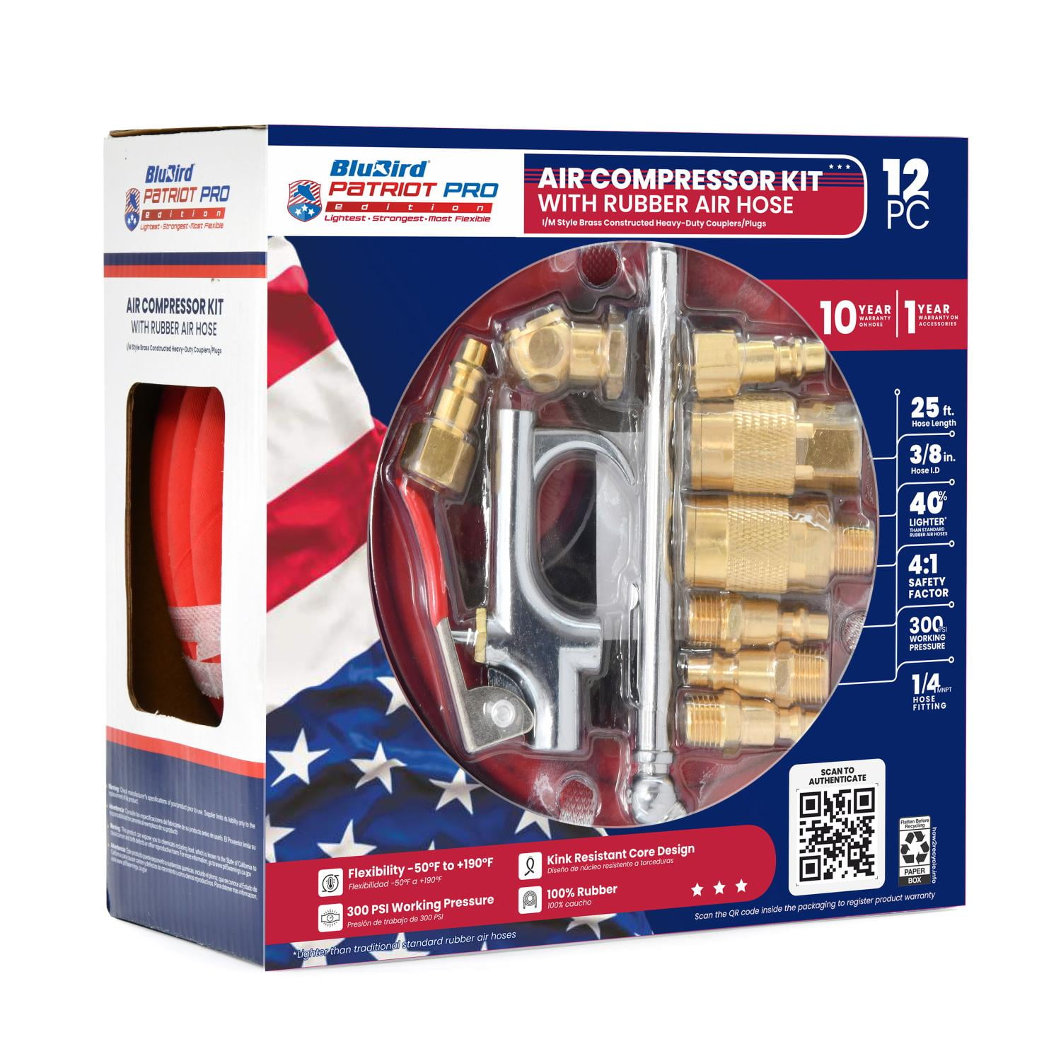Blubird Patriot Pro Rubber Air Hose (3/8 in x 25 ft, 12 Piece Kit) ey4gw