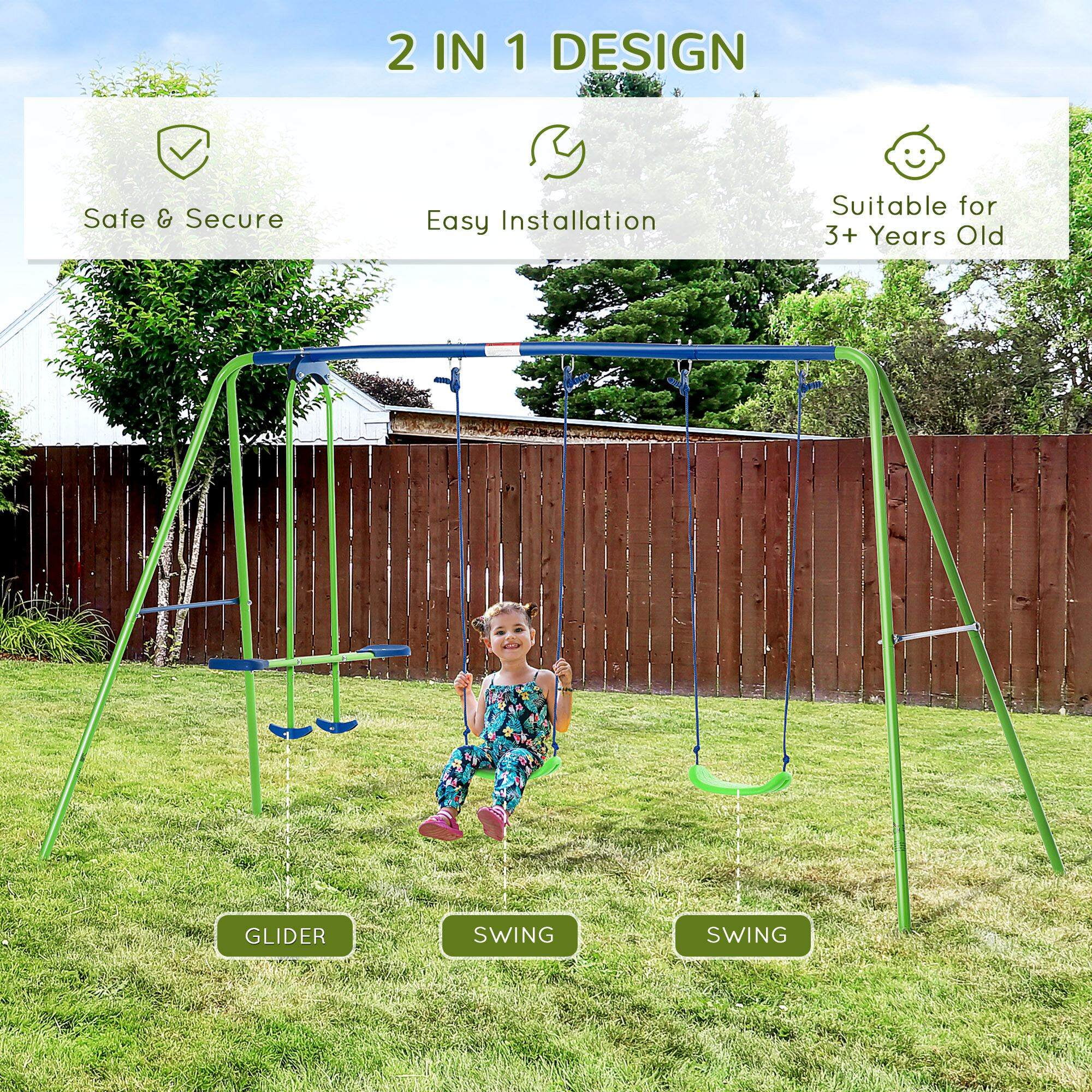 Outsunny Metal Swing Set with Glider and Two Adjustable Seats (Green, 110.25 in x 55 in x 70 in) fdgec