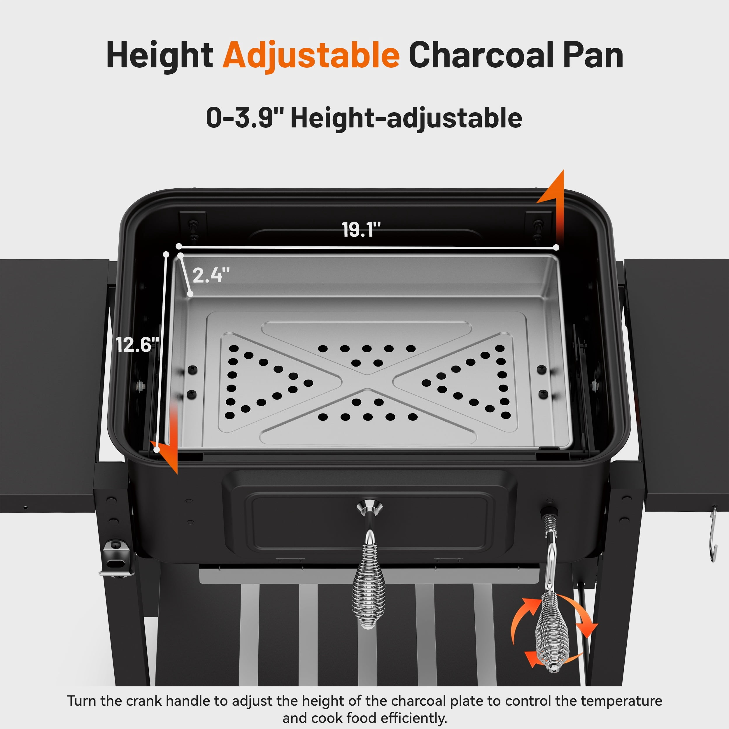 KEYO GRILL Large Charcoal Grill with Foldable Side Tables and Height-Adjustable Ash Pan (Black, 44.5 in x 36 in x 22 in) 4njvm