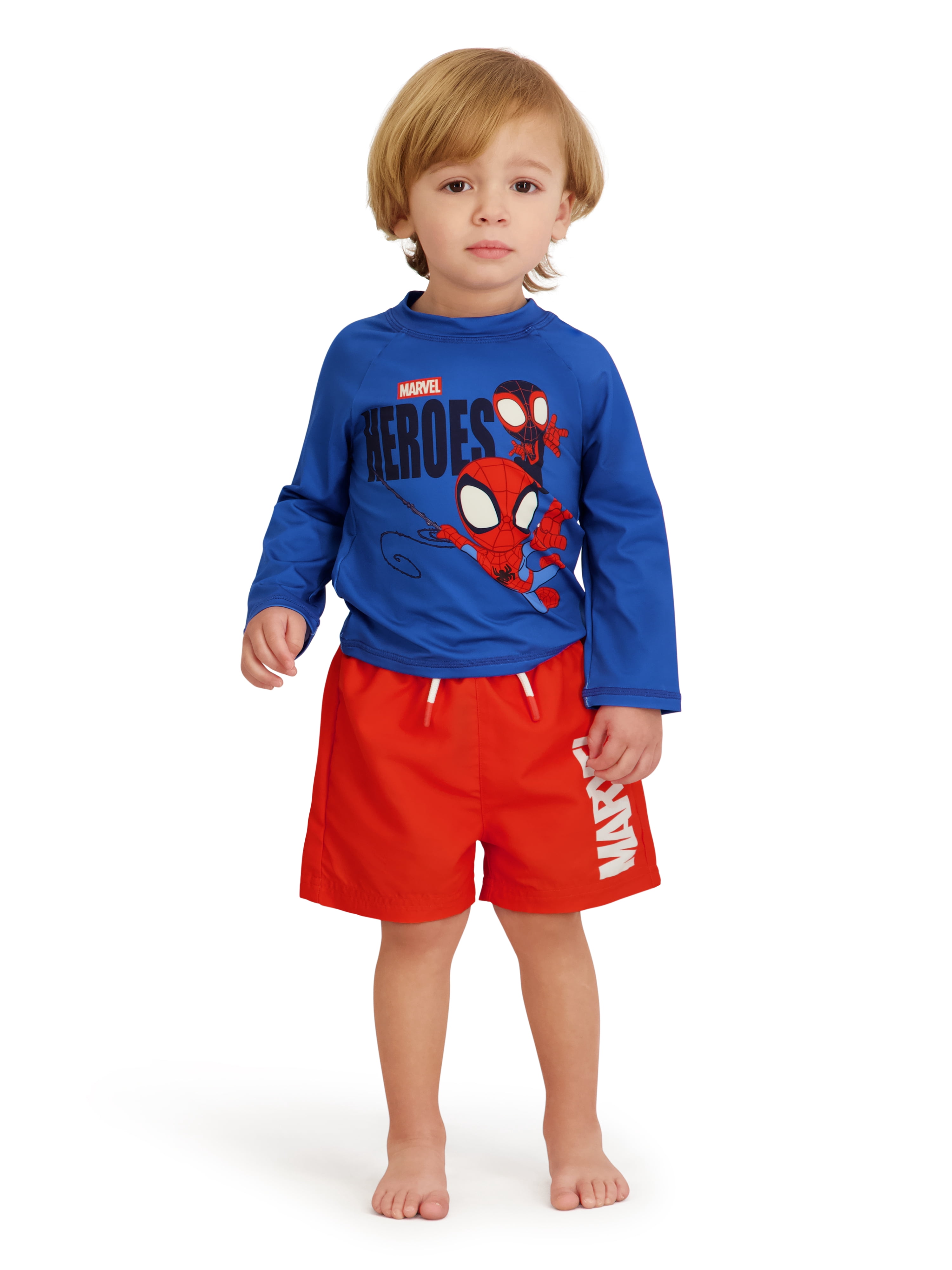 Marvel Spidey and Friends Toddler Boy Rash Guard Swim Set with Coverup (Blue, 5T) 3gync