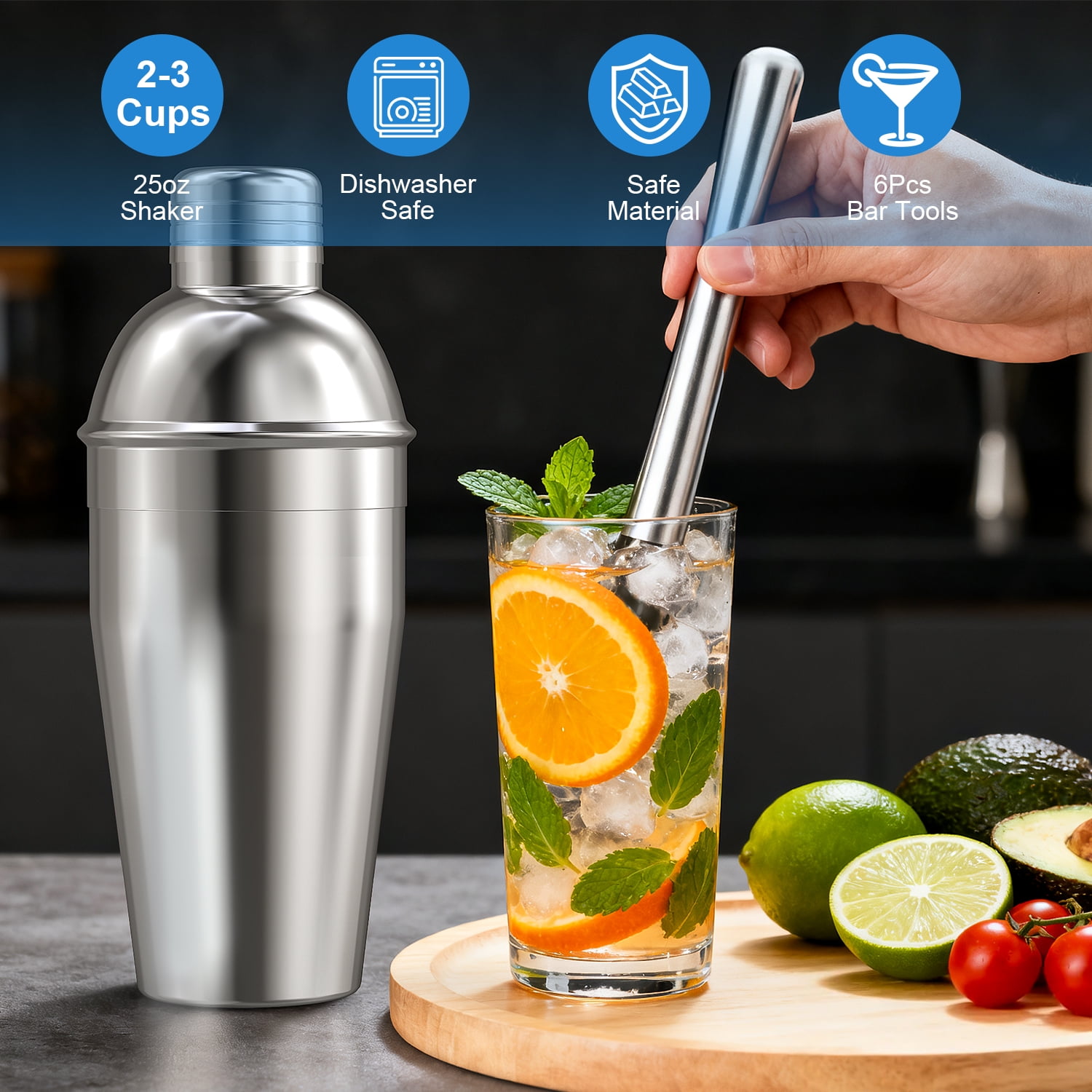 TINANA Stainless Steel Cocktail Shaker Set, Professional Bartender Kit with Bamboo Stand (Silver, 25 oz) p30f5