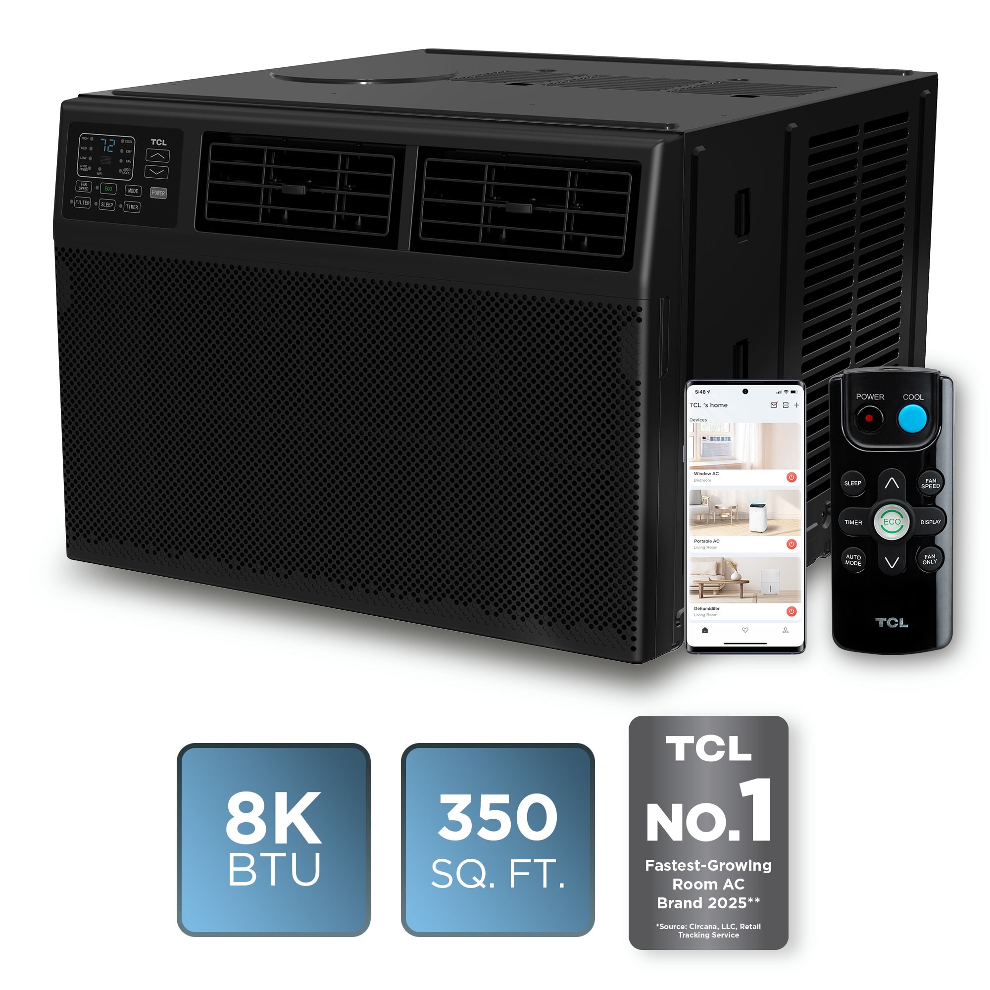 TCL 8,000 BTU Smart Window Air Conditioner, 3-in-1 AC, Fan & Dehumidifier with App & Voice Control (Black, 250 Sq ft) sv9nk