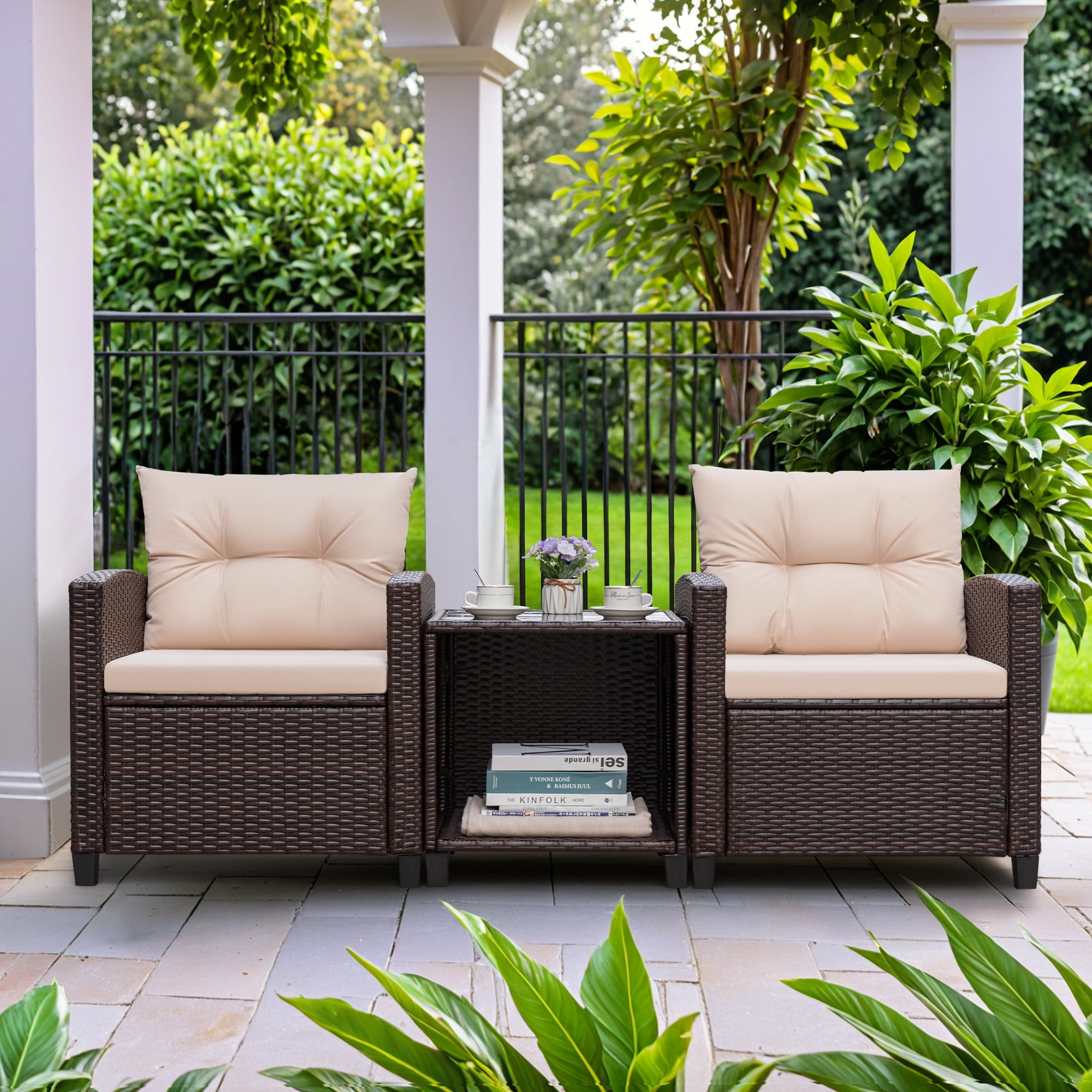Homall 3-Piece Patio Furniture Set, Outdoor Rattan Bistro Chairs with Cushions and Coffee Table (Beige) 7jzjh