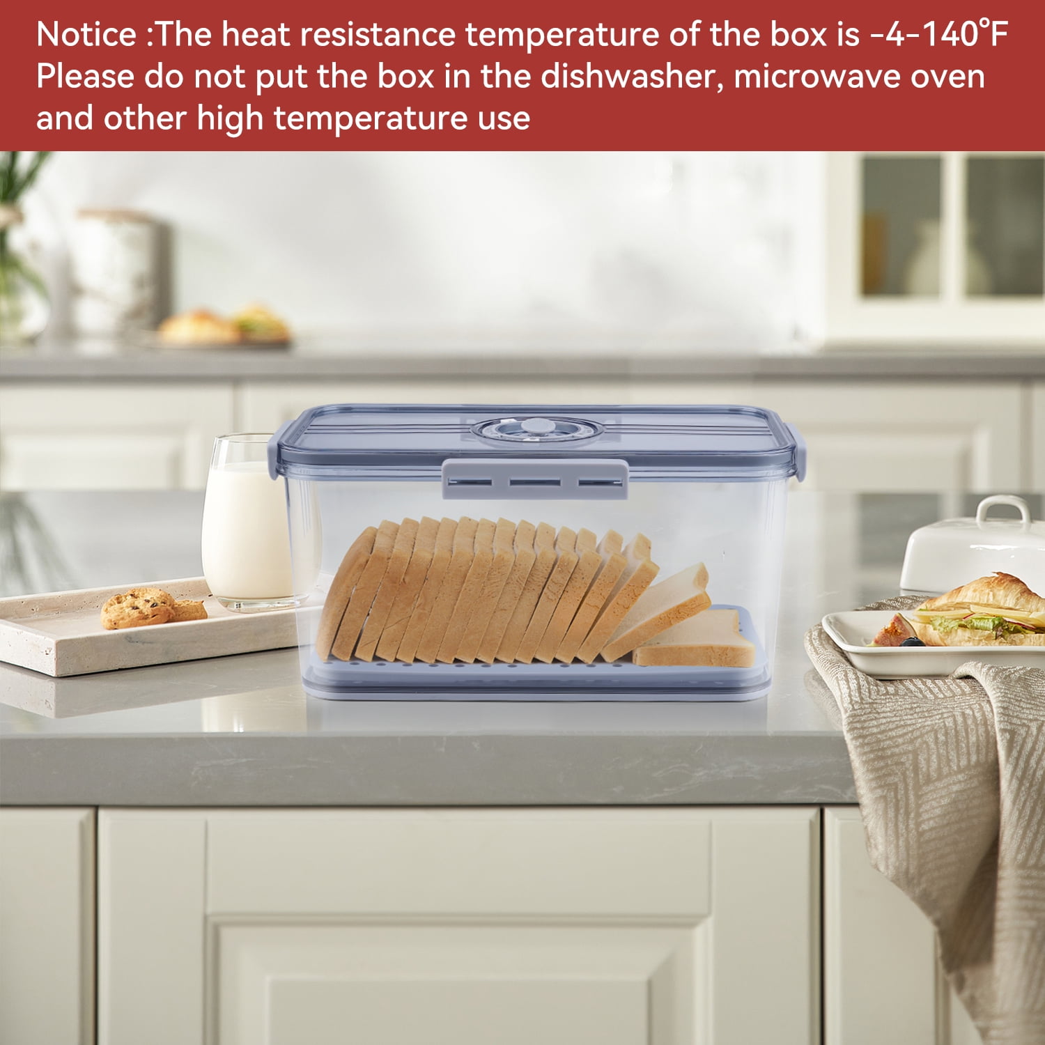 JUNLIN Airtight Bread Box with Time Recording Lid, Kitchen Countertop Food Storage Container (Gray, 12.6 in x 6.7 in x 5.9 in) iqi3r