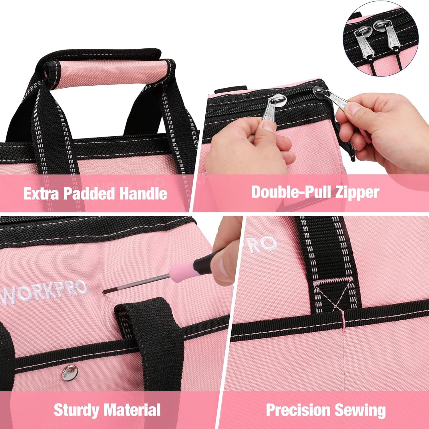 WORKPRO 13-inch Tool Bag, Heavy-Duty Soft Storage Tote with Wide Mouth and Pockets (Pink, 13.38 in x 6.69 in x 8.66 in) 6iikn