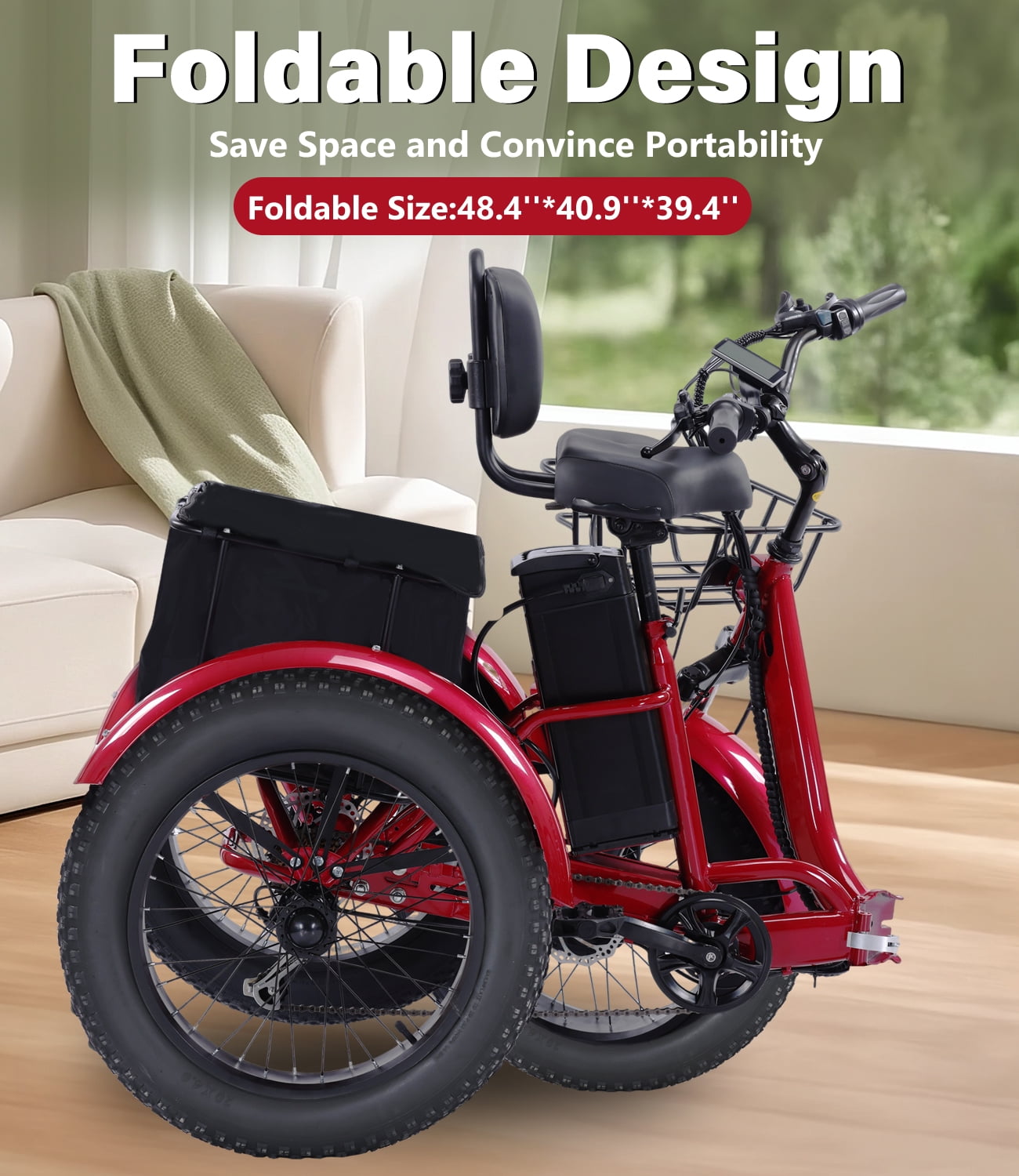 EASINGO Electric Tricycle for Adults 500W Motor 7-Speed Fat Tire E-Trike with Rear Basket (Red, 330 lb Capacity) w42tx