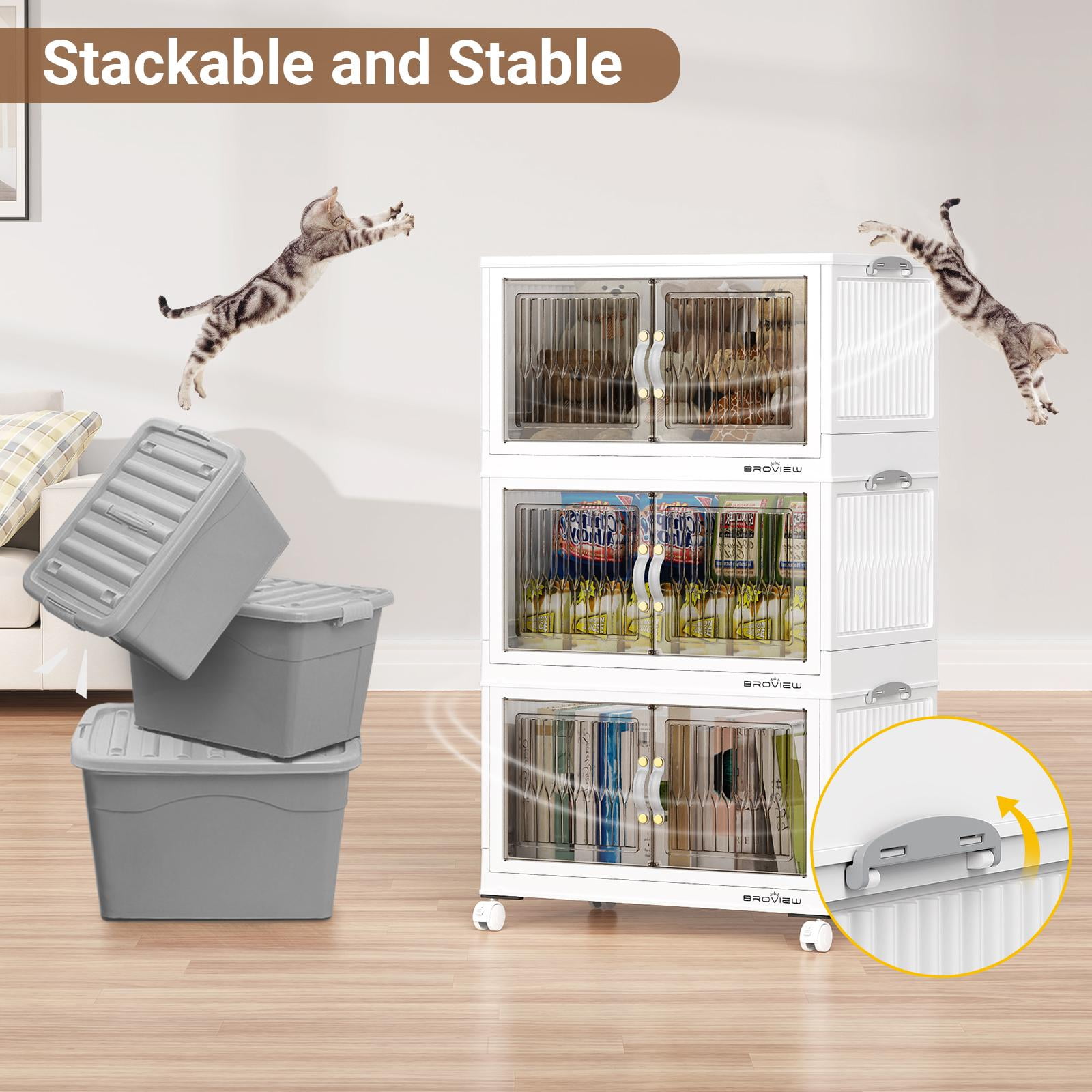Broview Stackable Storage Bins with Lids and Wheels, Collapsible Plastic Closet Organizers (White, 3 Pack, 240 qt Total) 7haee