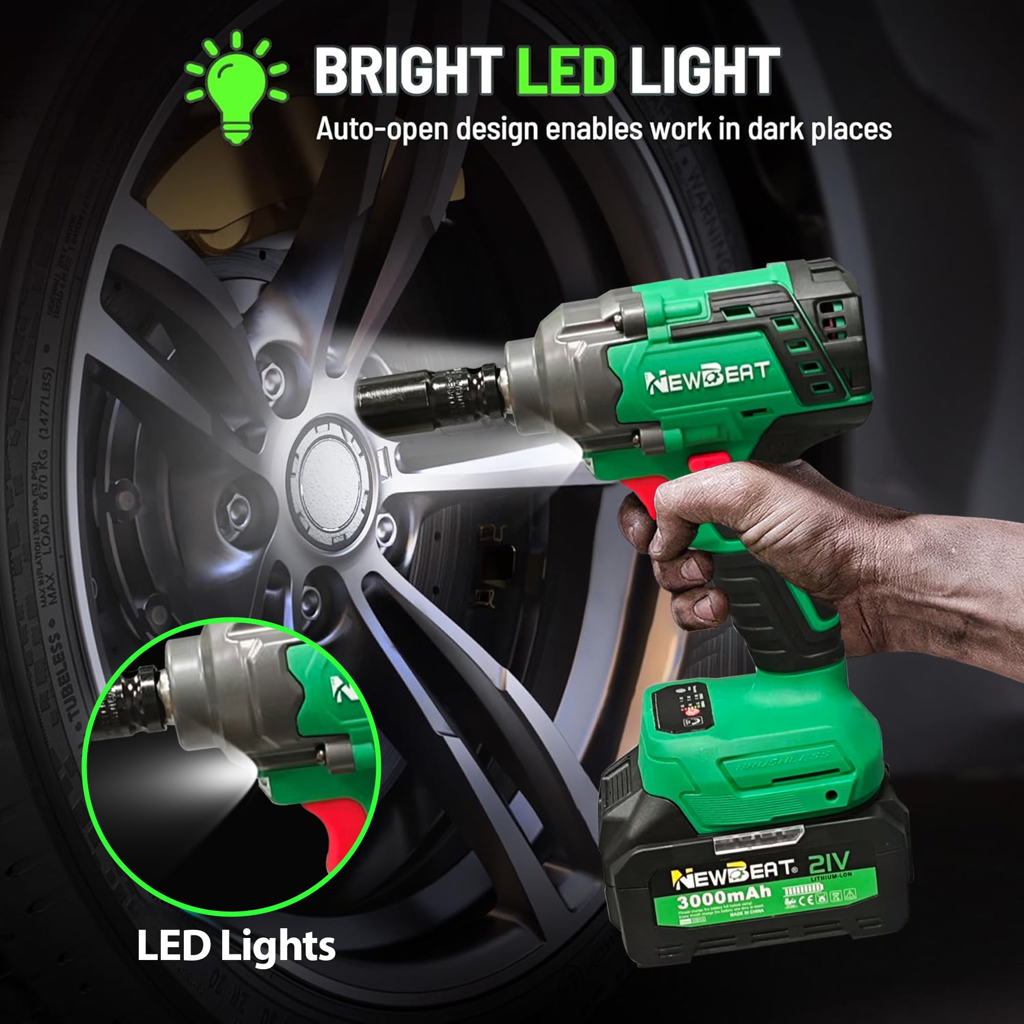 NEWBEAT Cordless Impact Wrench Set, 1/2 in Brushless Power Tool, 405 ft-lb Torque, Variable Speed for Automotive and Home DIY (Green, 1 Set) wlhxu