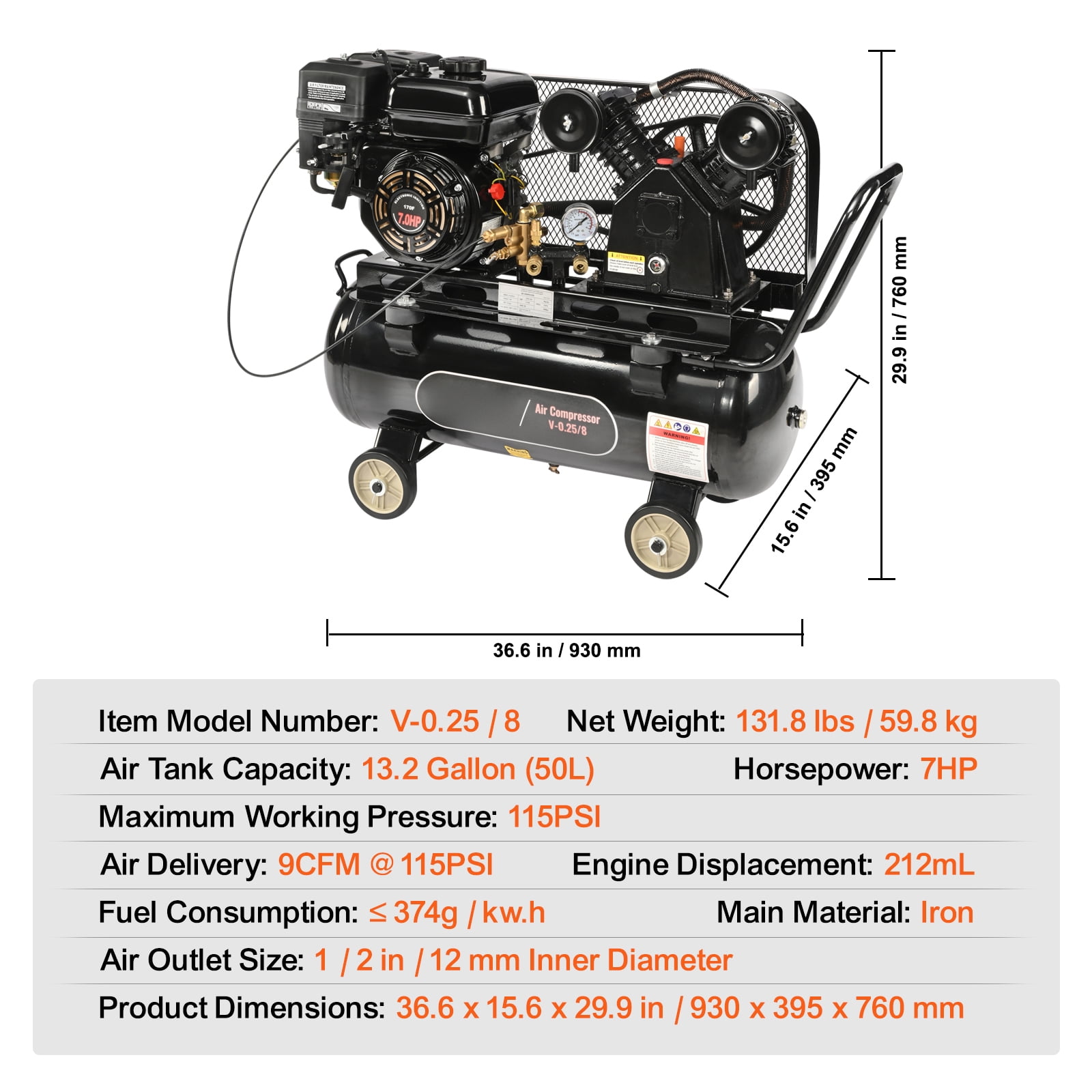 KFFKFF Gas Air Compressor, 7HP Engine, 13.2 Gallon Horizontal Tank, 9CFM at 115PSI (Black, 13.2 Gallon) zxcp2