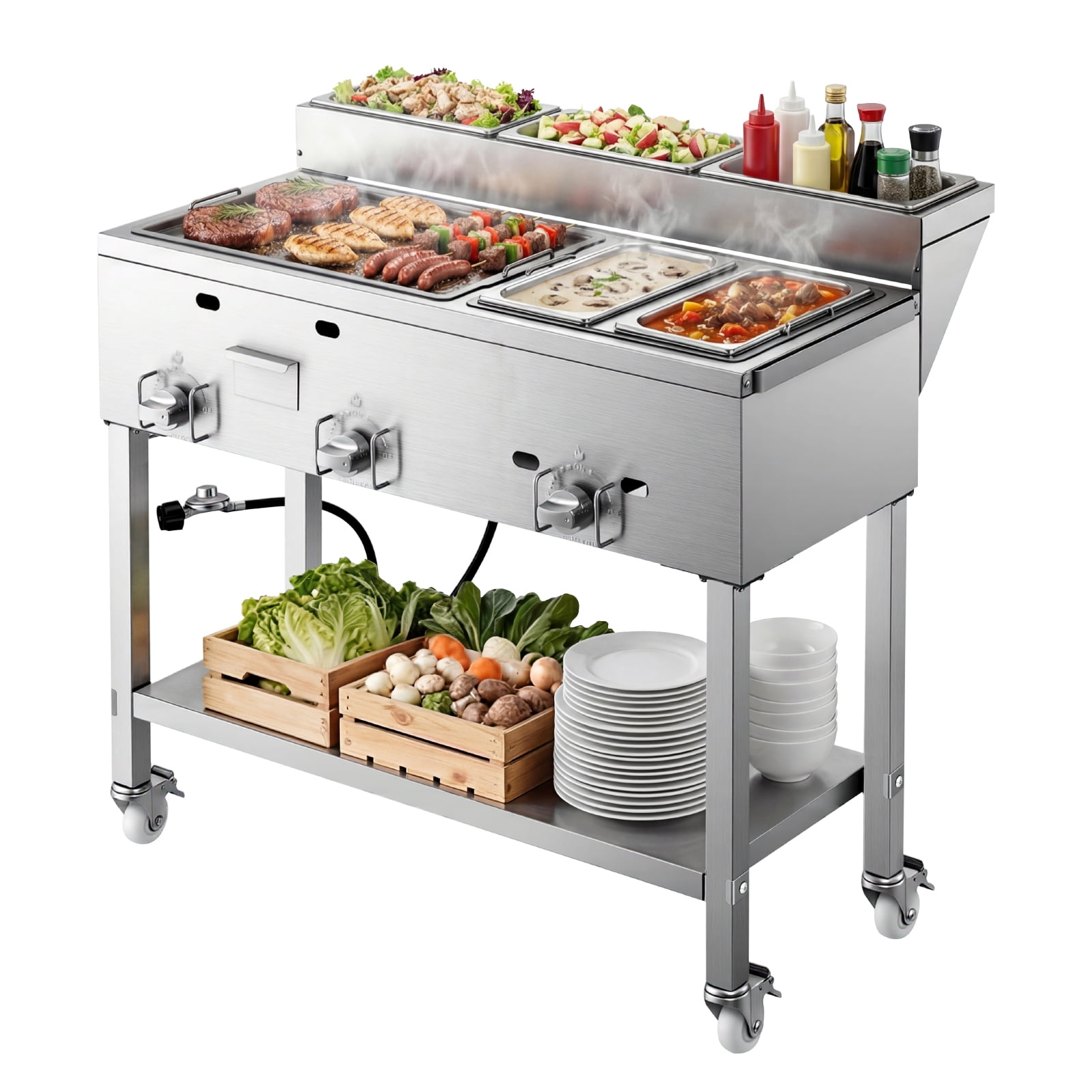 VEVOR Outdoor Propane Griddle, 3-Burner Commercial Stainless Steel Cooking Station with Warming Pans and Portable Cart (34,800 BTU) ednun