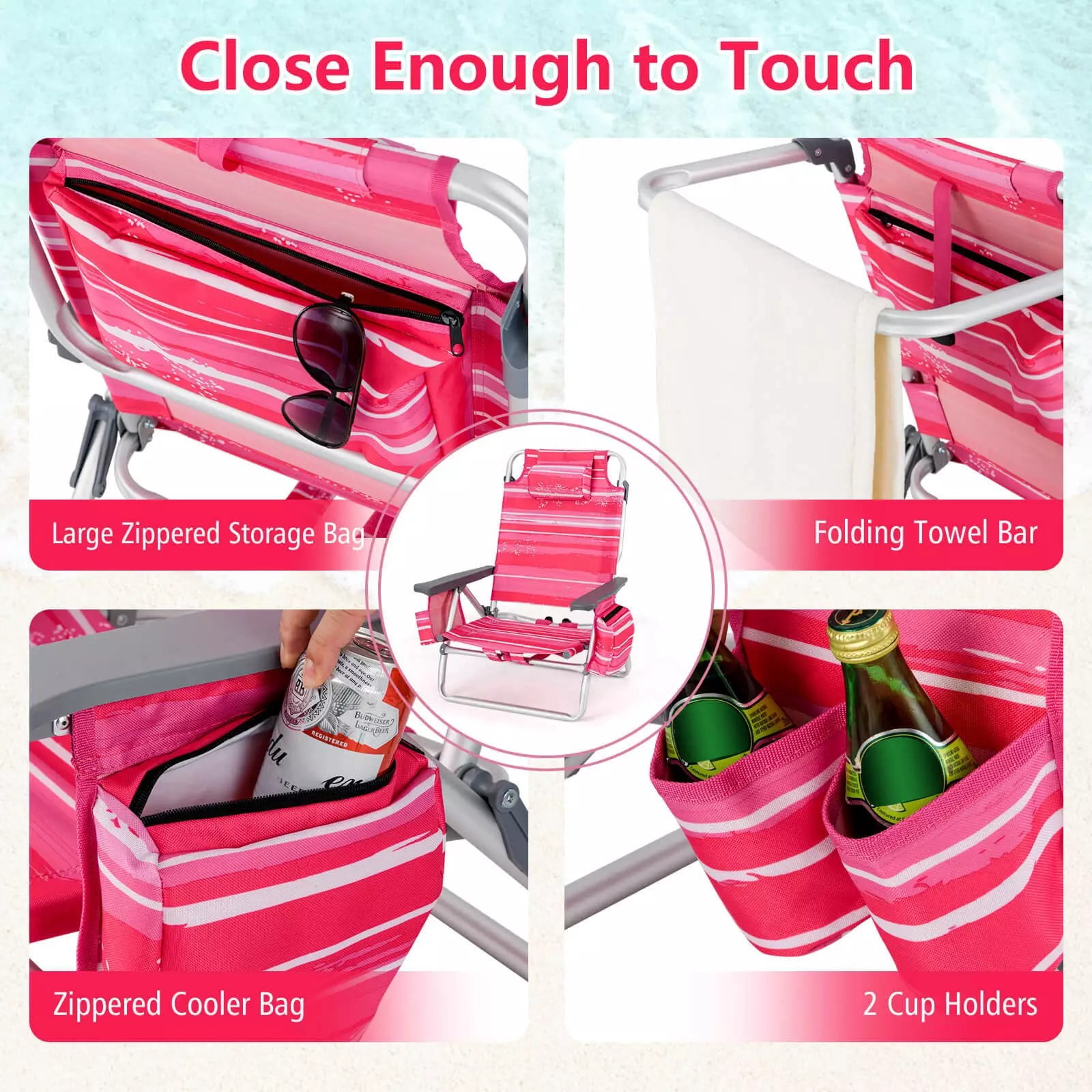 Auranook 2-Pack Folding Backpack Beach Chair Set with Side Table (Pink, 5-Position Reclining) mudv9