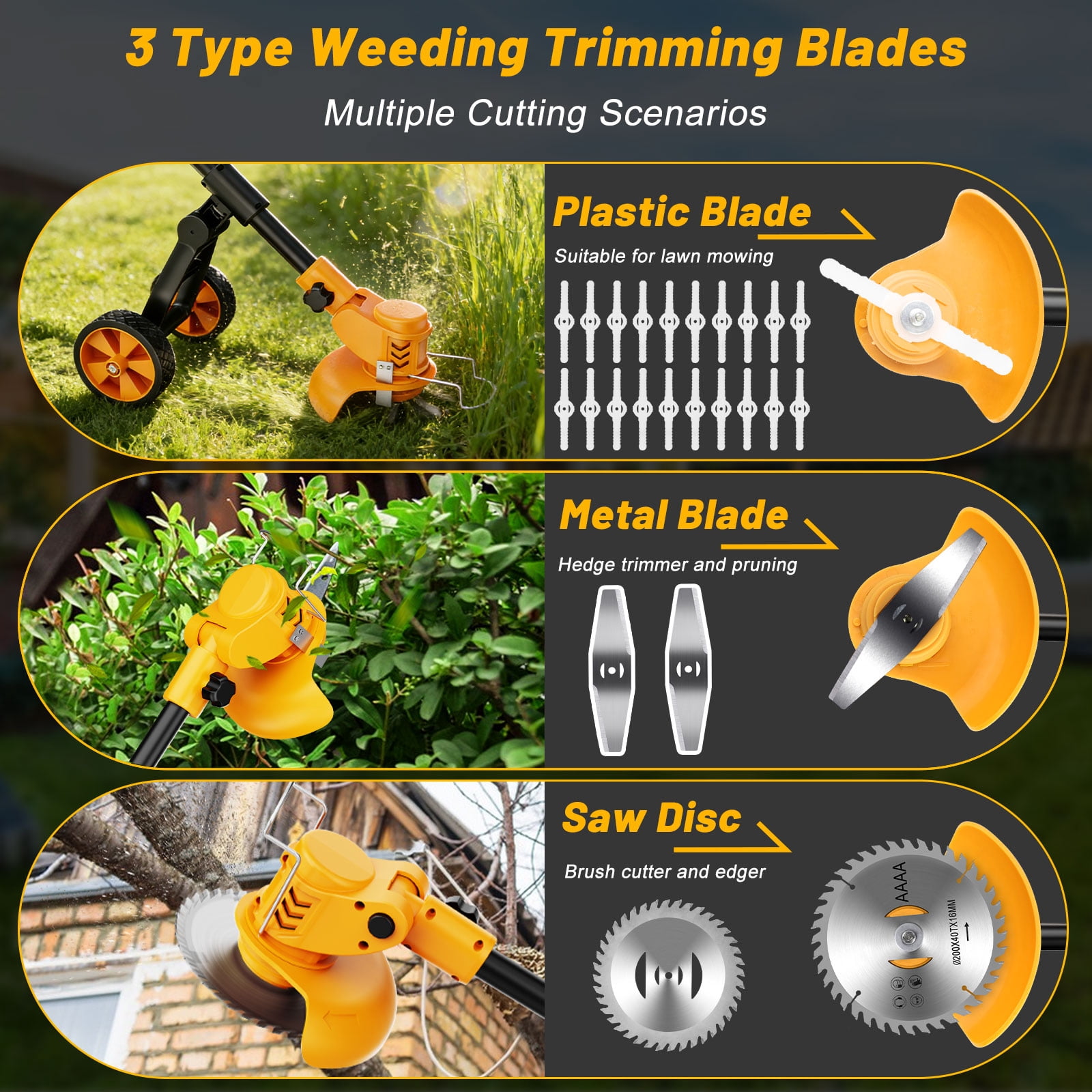 Lemolifys Cordless Electric Grass Trimmer with Wheels and 3 Blades (Yellow, 6 in) ocaa6