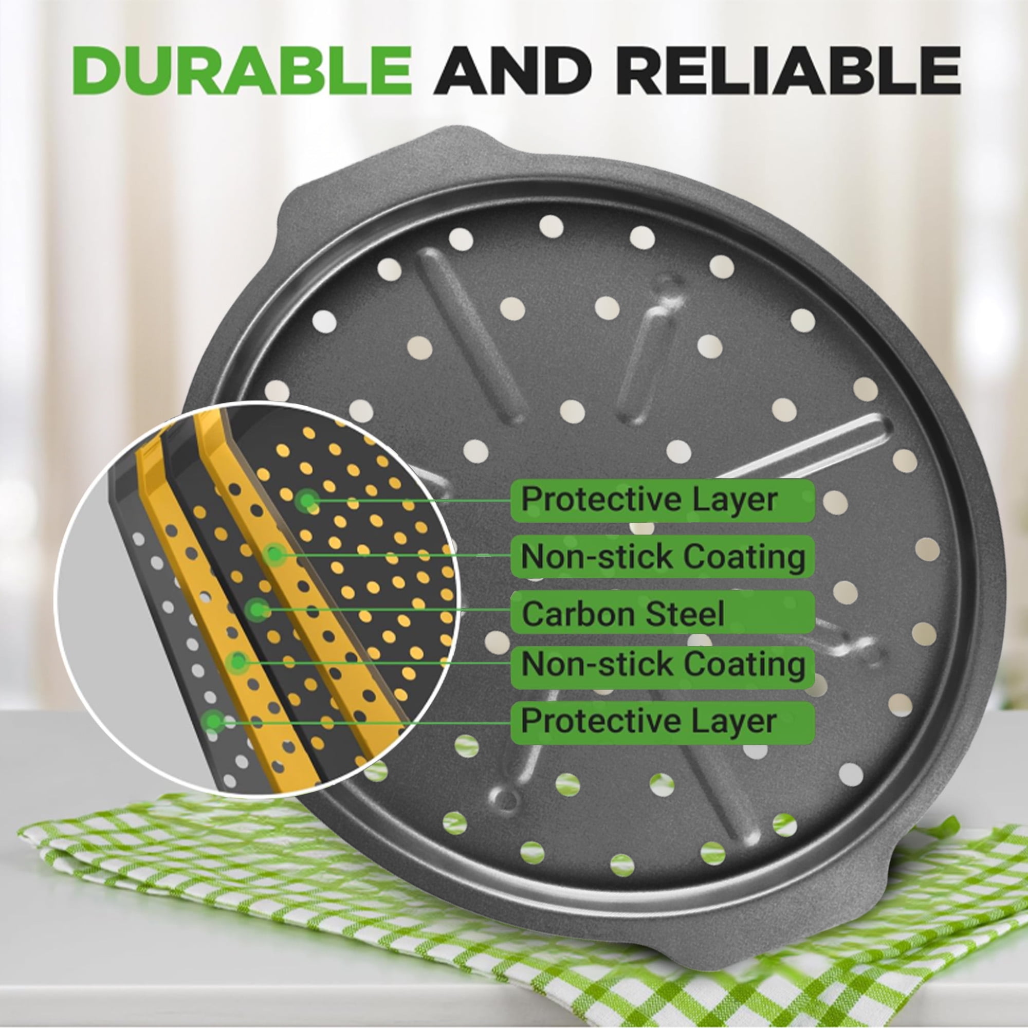 HONGBAKE 12 Inch Pizza Pan with Holes, Non-Stick Carbon Steel Perforated Crispy Pizza Tray for Oven (Grey, 2 Pack) zd968