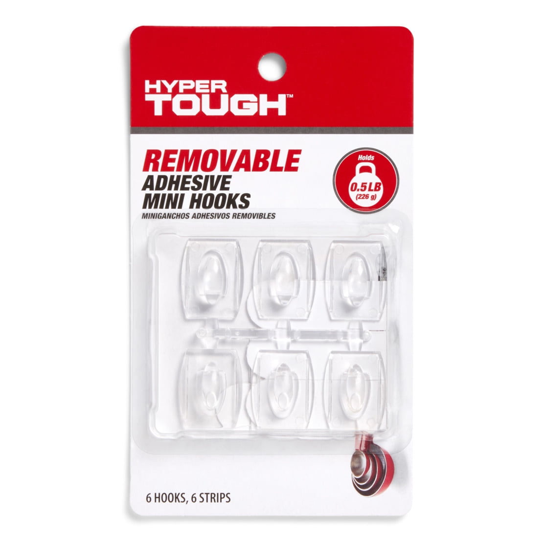 Hyper Tough Mini Removable Self-Adhesive Hooks, Damage-Free Wall Mount Hooks for Organizing (Clear, 6 Pc) sa9t0