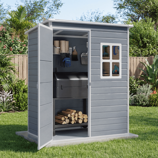 Aiho Outdoor Plastic Storage Shed with Window, Weather-Resistant Garden Tool House (Light Gray, 5 ft x 3 ft) fm7c3