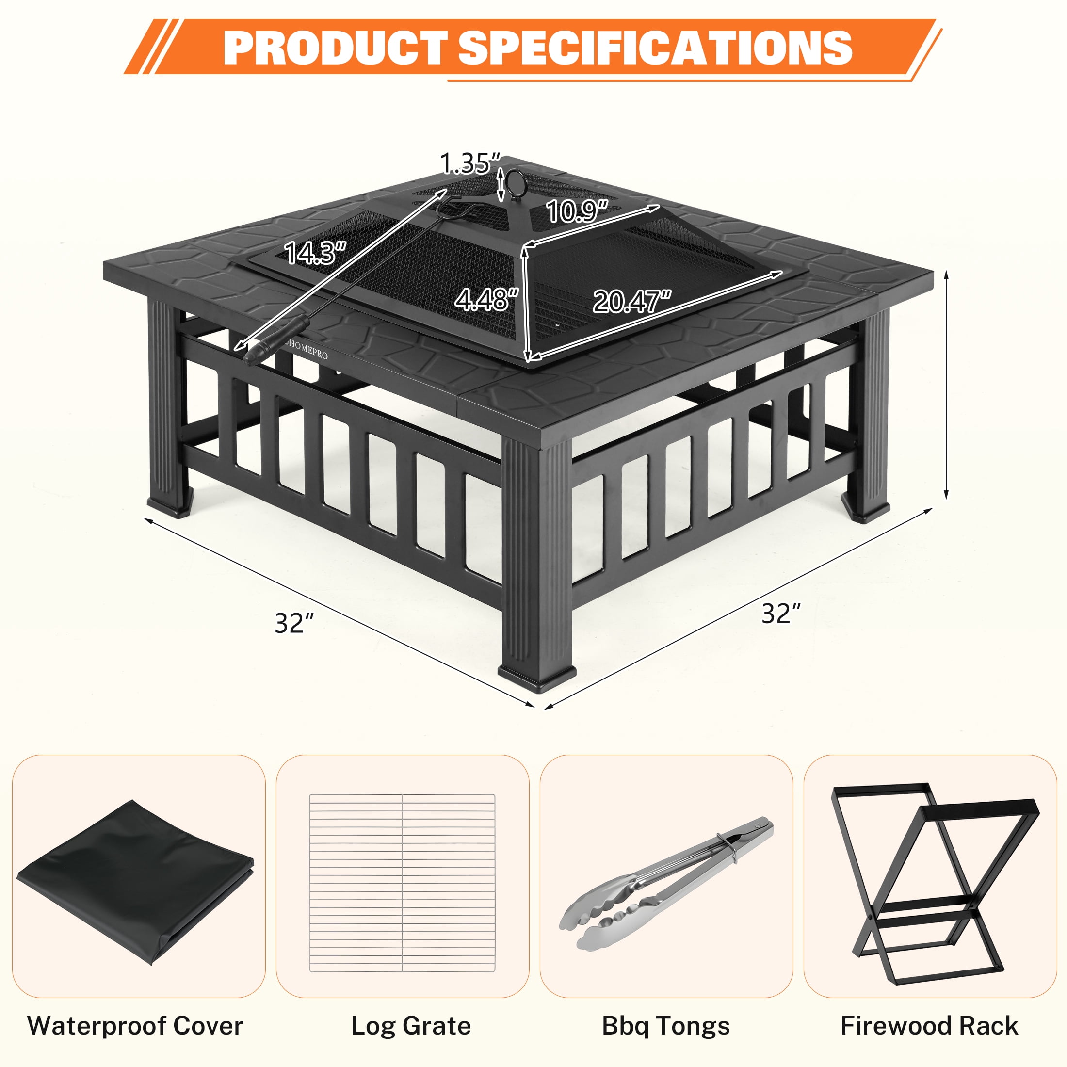uhomepro 32 in Wood Burning Fire Pit Table with Firewood Rack and BBQ Grill Set (Black, 32 in) 2g8yc