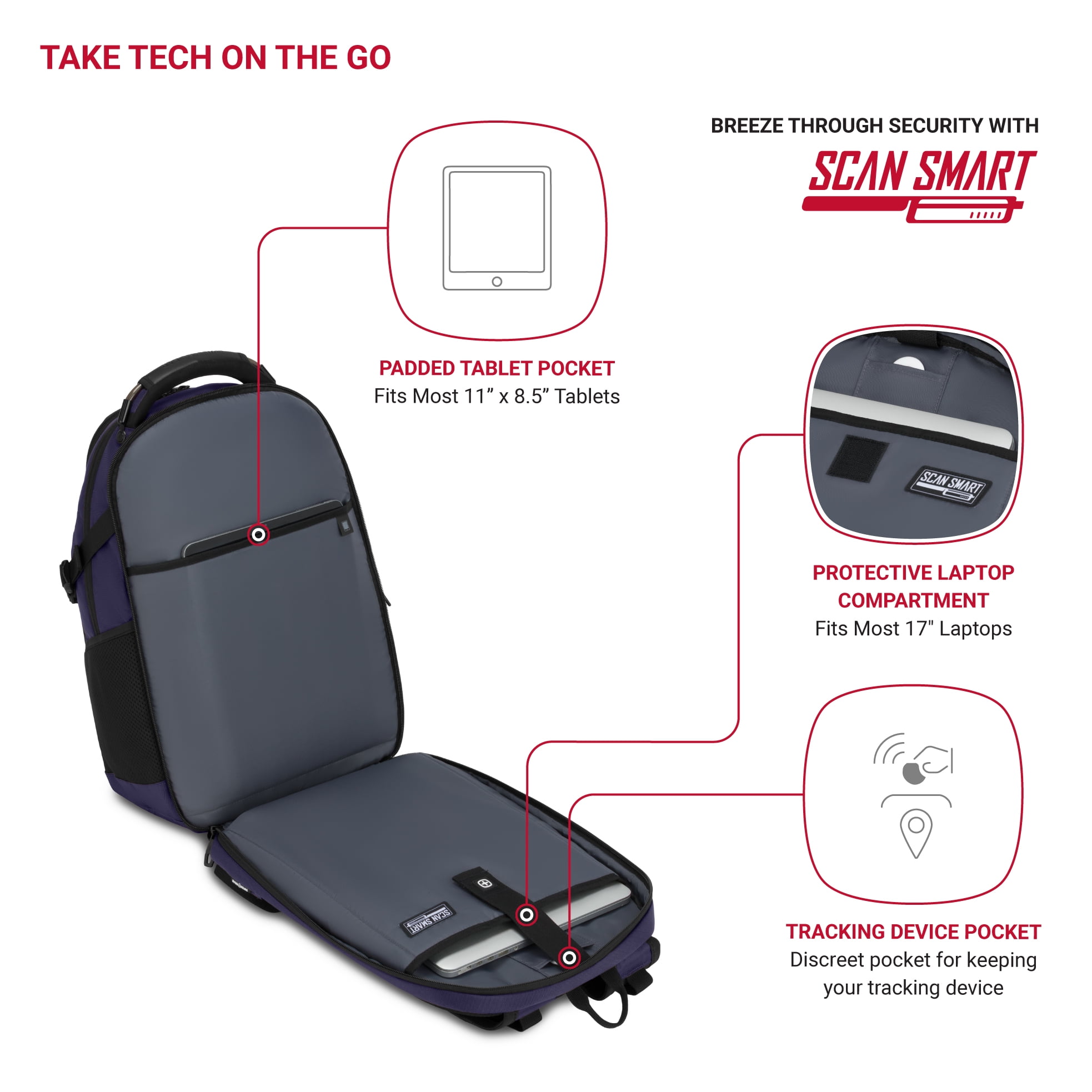 SWISSGEAR Stride ScanSmart Laptop Backpack, Ergonomic Travel Bag for 17 in Laptops (Peacoat Blue, 18 x 13.25 x 7.5 in) h9zll