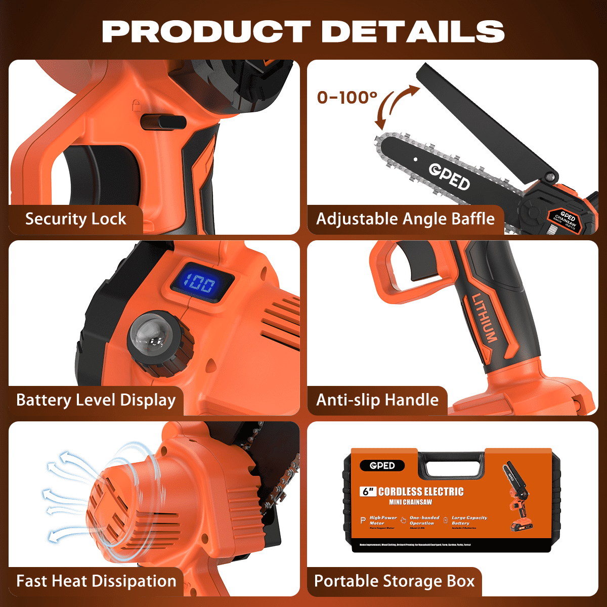 GPED Cordless Mini Chainsaw, 6-inch Electric Power Saw for Tree Trimming and Wood Cutting, Lightweight Handheld Tool with 2 Batteries (Orange, 6-inch) usdjn