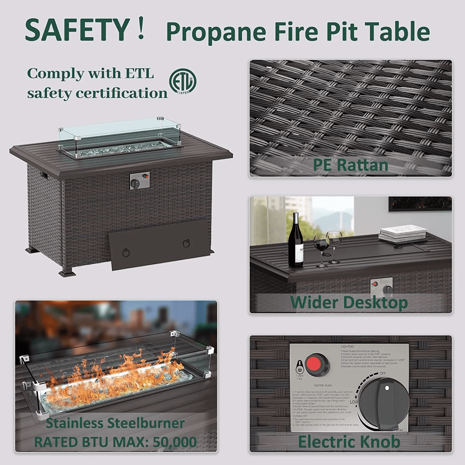 Gotland 43.3 in Rattan Propane Fire Pit Table, Rectangle Gas Fireplace with Windshield and Weather Cover (Brown, 43.3 in) ndwrs