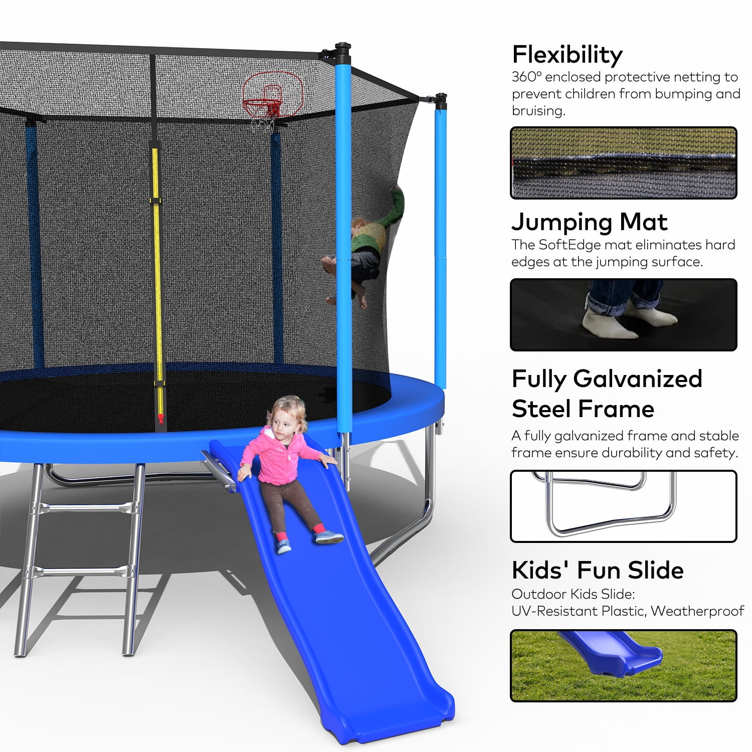 Mersco 10 ft Heavy Duty Outdoor Trampoline with Enclosure Net, Slide, and Basketball Hoop (Blue, 10 ft) 7vhxm