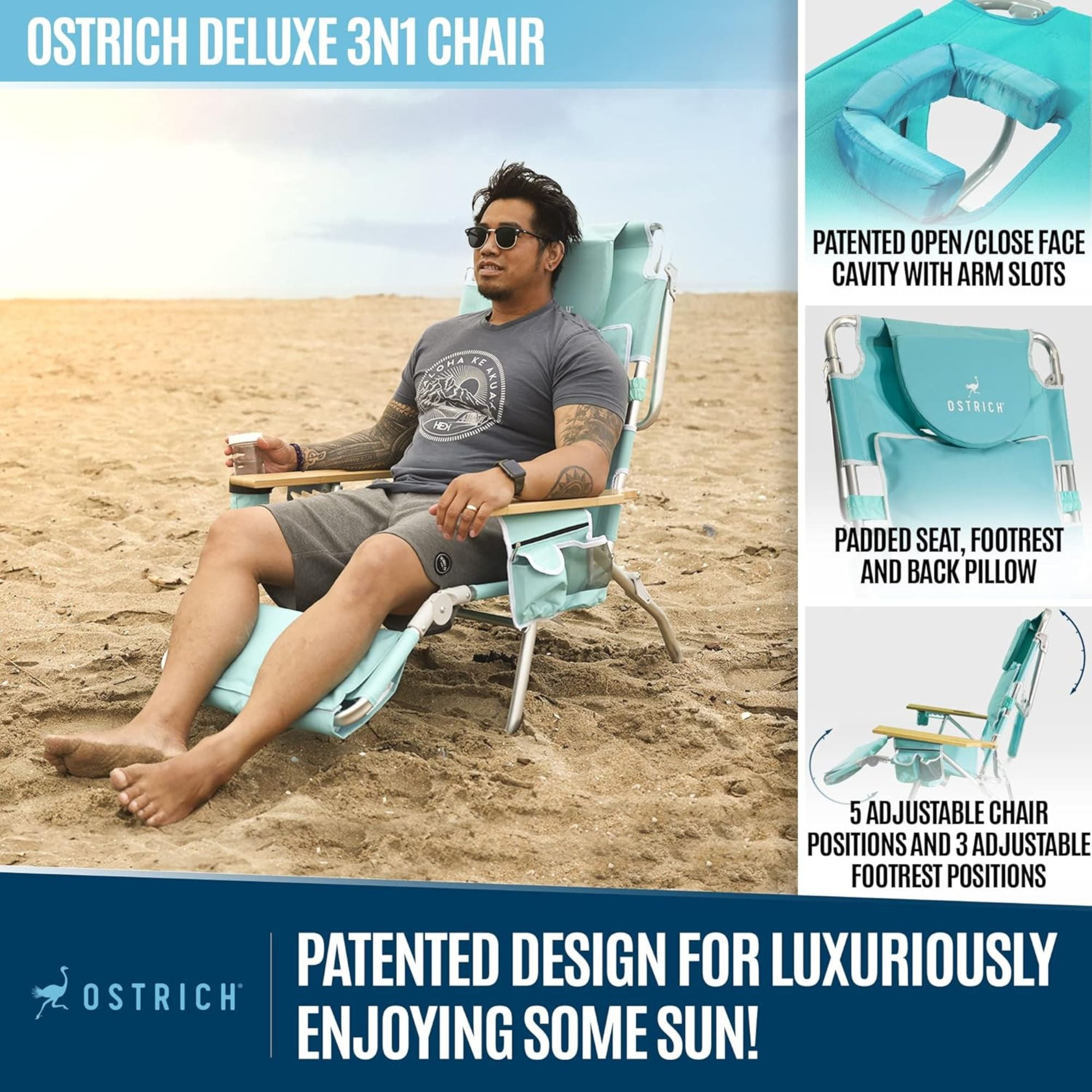 Ostrich Deluxe 3-in-1 Lightweight Outdoor Beach Lounge Chair with Footrest (Aqua, 60.76 in x 28.10 in x 39.73 in) 3px9w