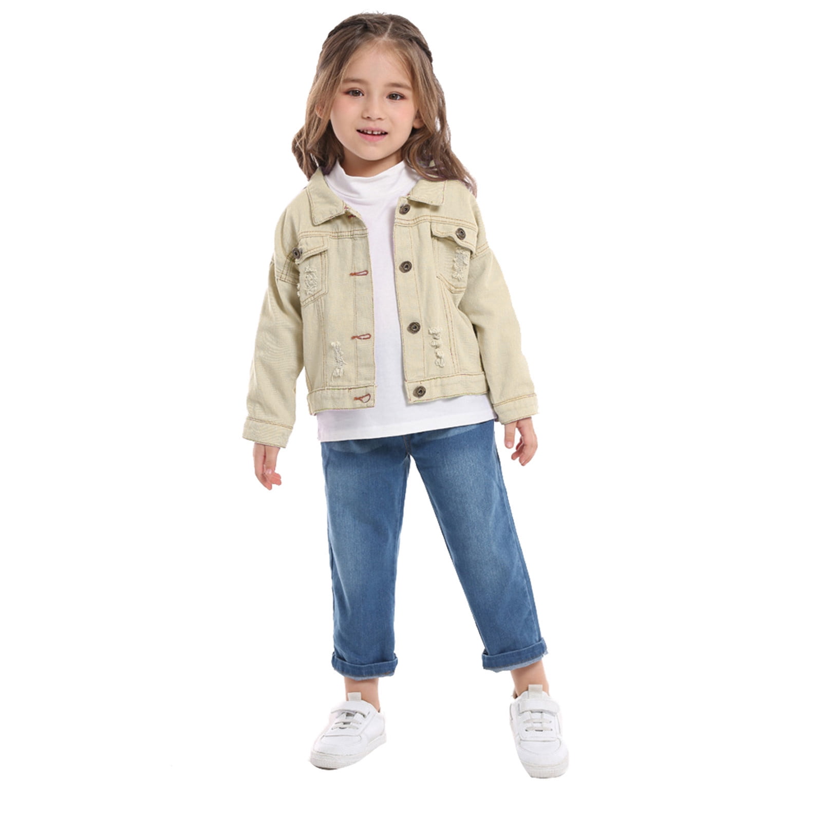 Glisme Girls Denim Jacket Windproof Solid Color Warm Outerwear (Beige, 18-24 Months) bwpga