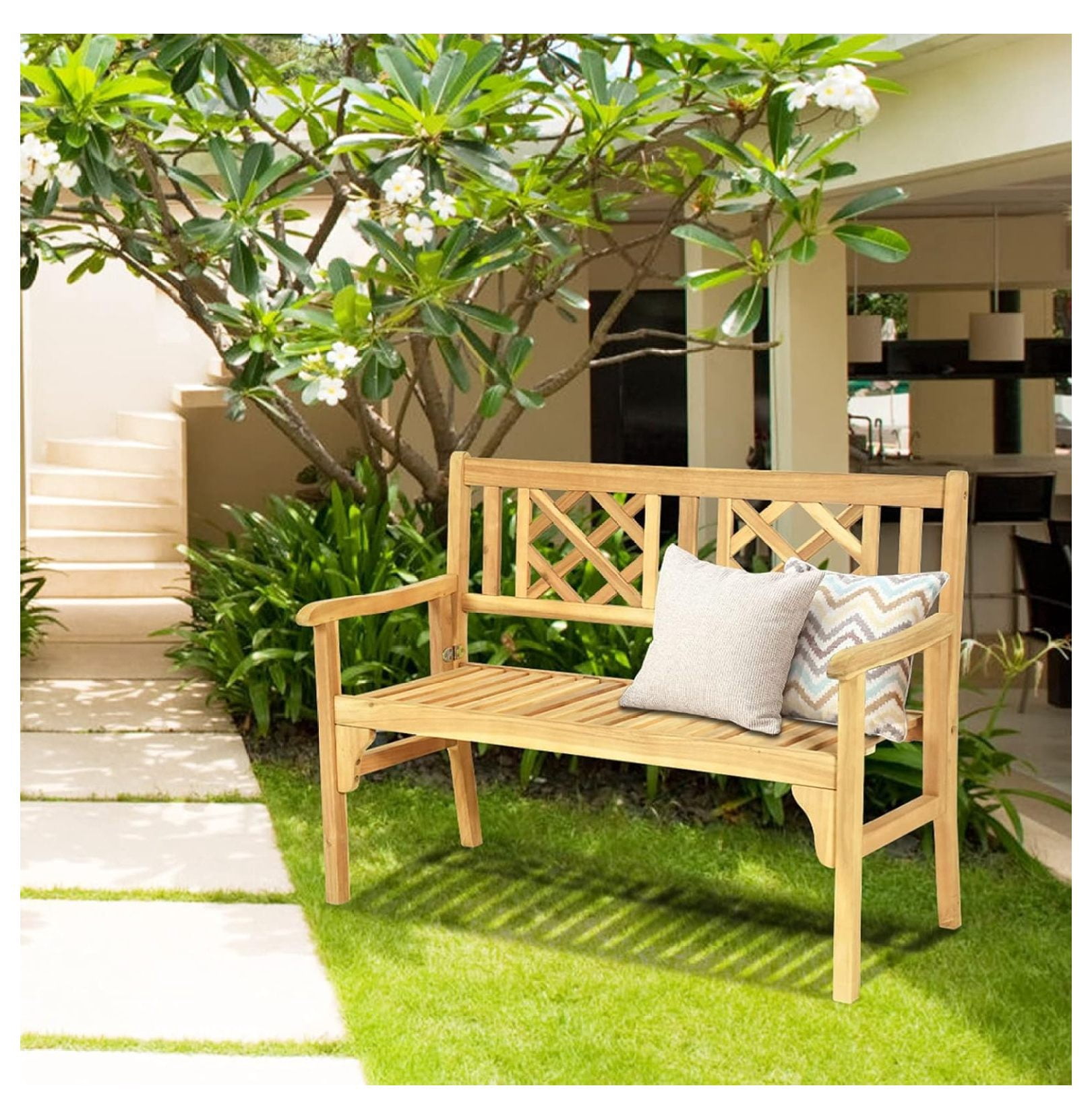 HJXWALHJX Folding Patio Garden Bench, 2-Person Outdoor Wood Porch Loveseat with Slatted Seat and Armrest (4 ft) kai4b