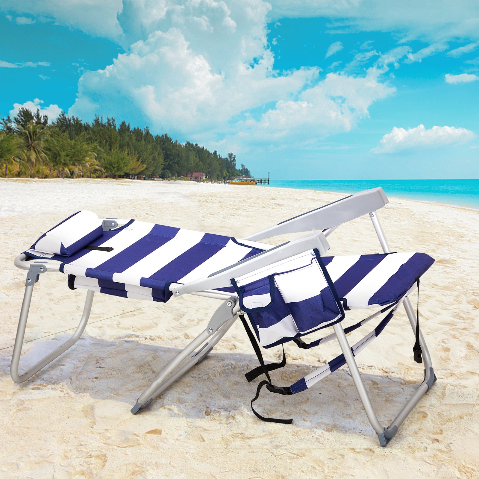 sluting Heightened Oxford Beach Chair with Adjustable Backrest (Blue Stripes, 24.8 in x 27.6 in x 39 in) 7tv28