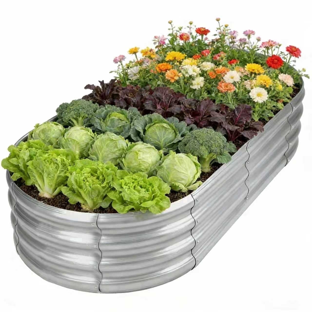 HGD Raised Garden Bed Kit Oval Galvanized Metal Outdoor Planter (Silver, 4x2x1 ft) 67vwk
