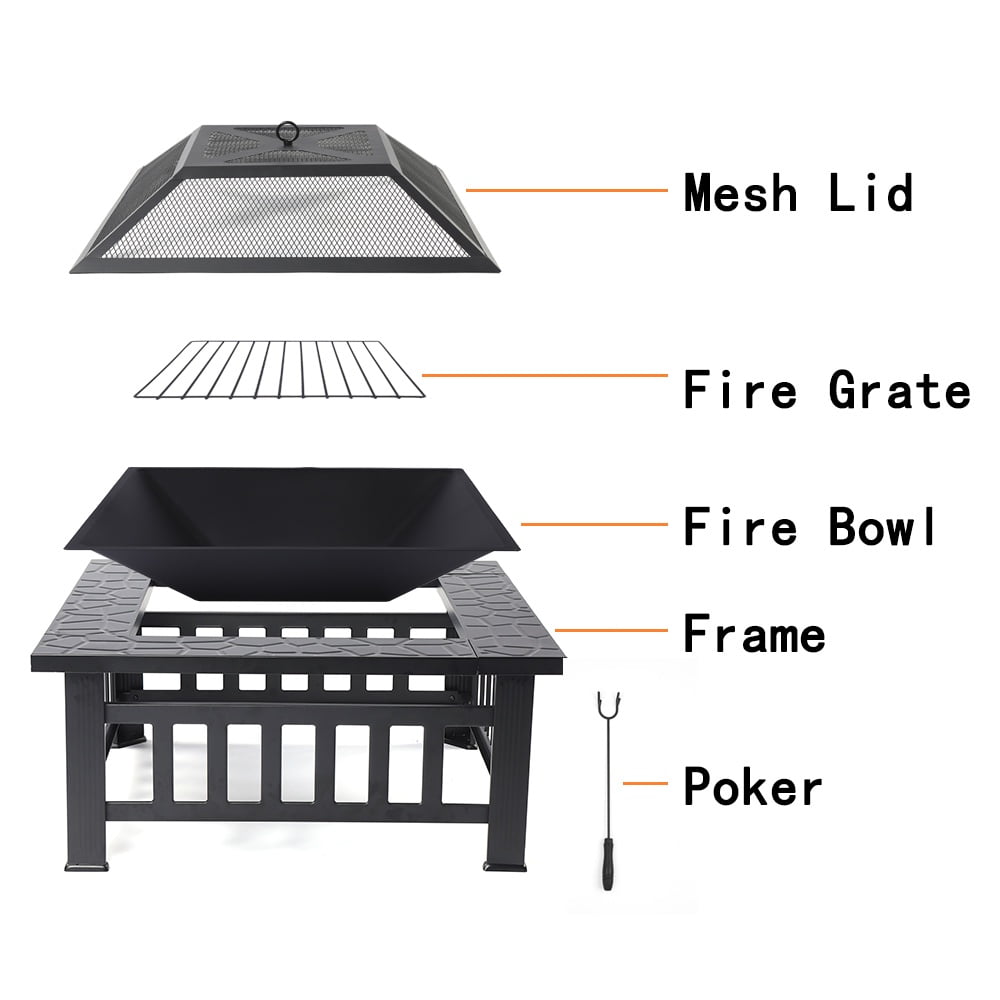 Segmart Outdoor Fire Pit Table, 32 in Square Wood Burning Fire Pit with Spark Screen and Log Poker (Black, 32 in) c7uir