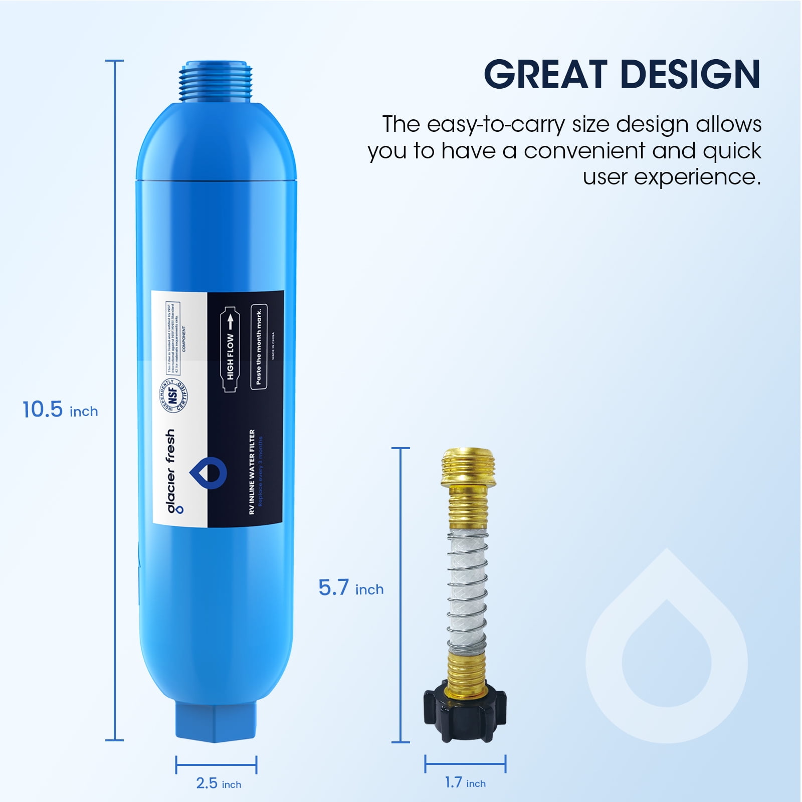 Glacier Fresh RV Marine Water Filter with Flexible Hose Protector, Chlorine and Sediment Reduction (2 Pack) yepxl