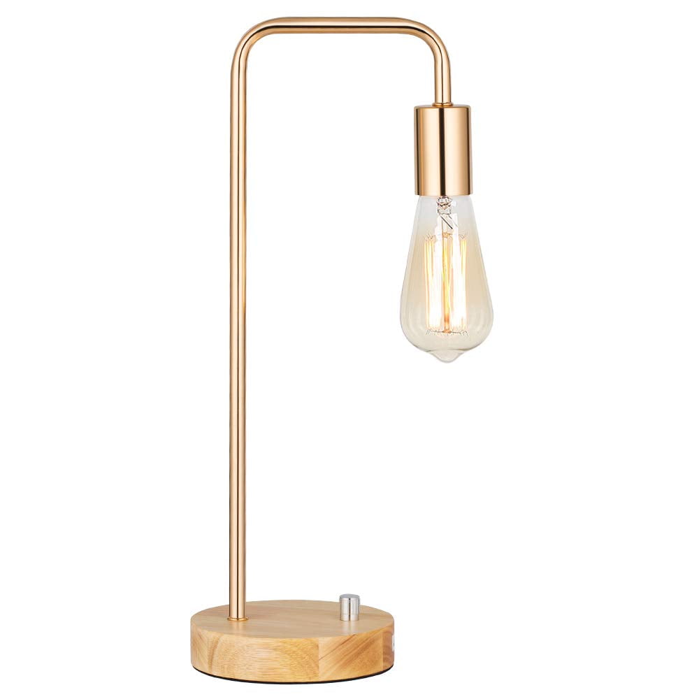 Haitral Industrial Desk Lamp with Metal Frame and Wooden Base (Gold, 15 in) vuqmf