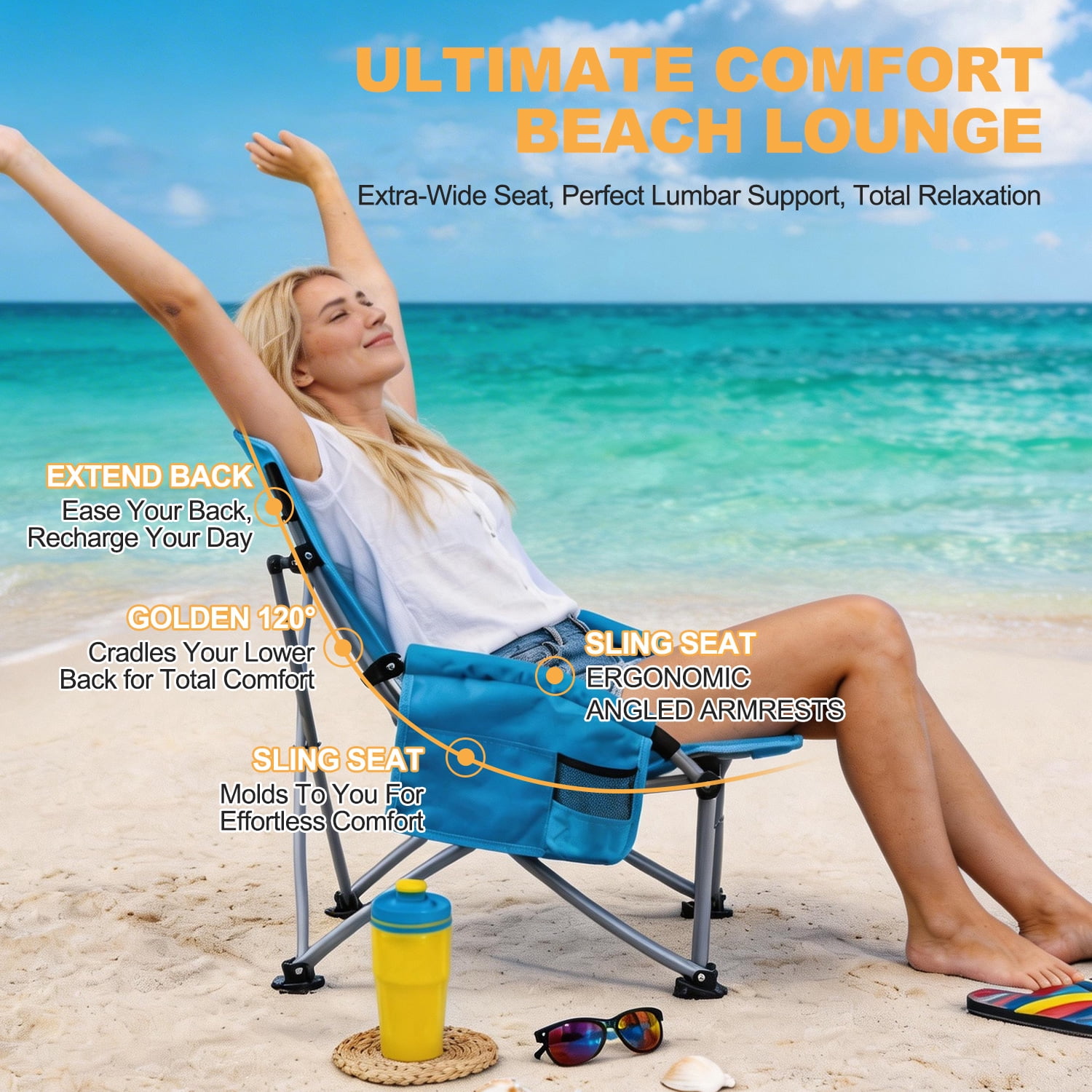 Coliware Folding Low Beach Chair, Portable Camping Chair with Side Cup Holder & Storage, Heavy Duty Outdoor Seat (Blue, 2-Pack) 3nugm