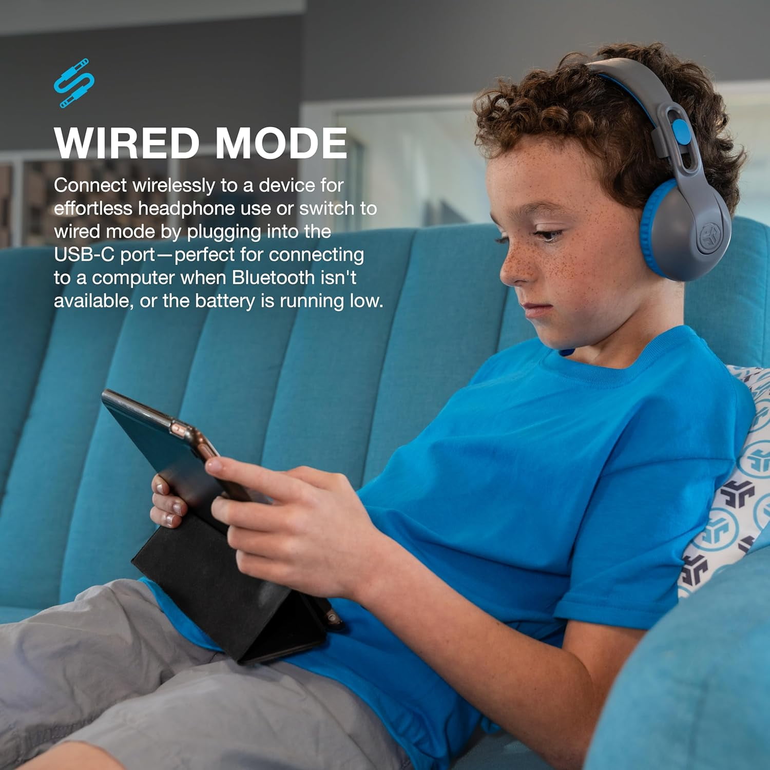 JLab JBuddies Studio 2 Kids Wireless Headphones, Volume Safe, Foldable, Noise Isolation, Built-in Mic (Blue/Graphite, 1 Pair) zexnu