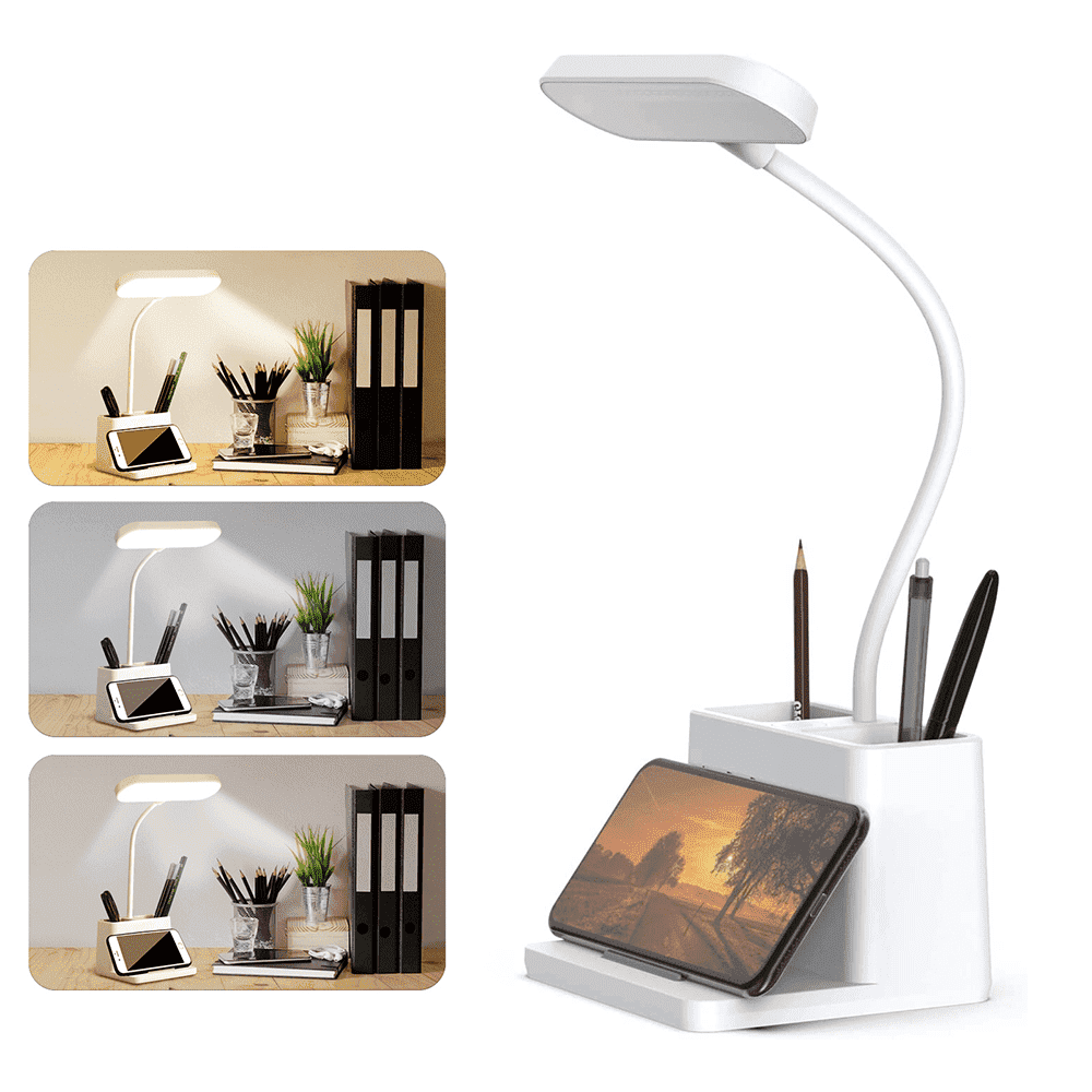 SUPTREE LED Desk Lamp with Pen and Phone Holder, Dimmable Eye-Protection Table Light with USB Port (White, 1 Unit) aeu7p